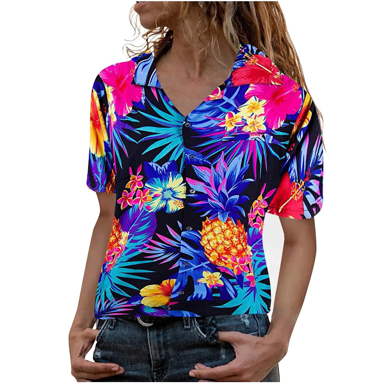 Women's Pineapple Flower Hawaiian Print Summer Tops - Funky Blouse & Casual Lounge Shirt for Beach Vacation, Pool Party, and Tropical Getaway
