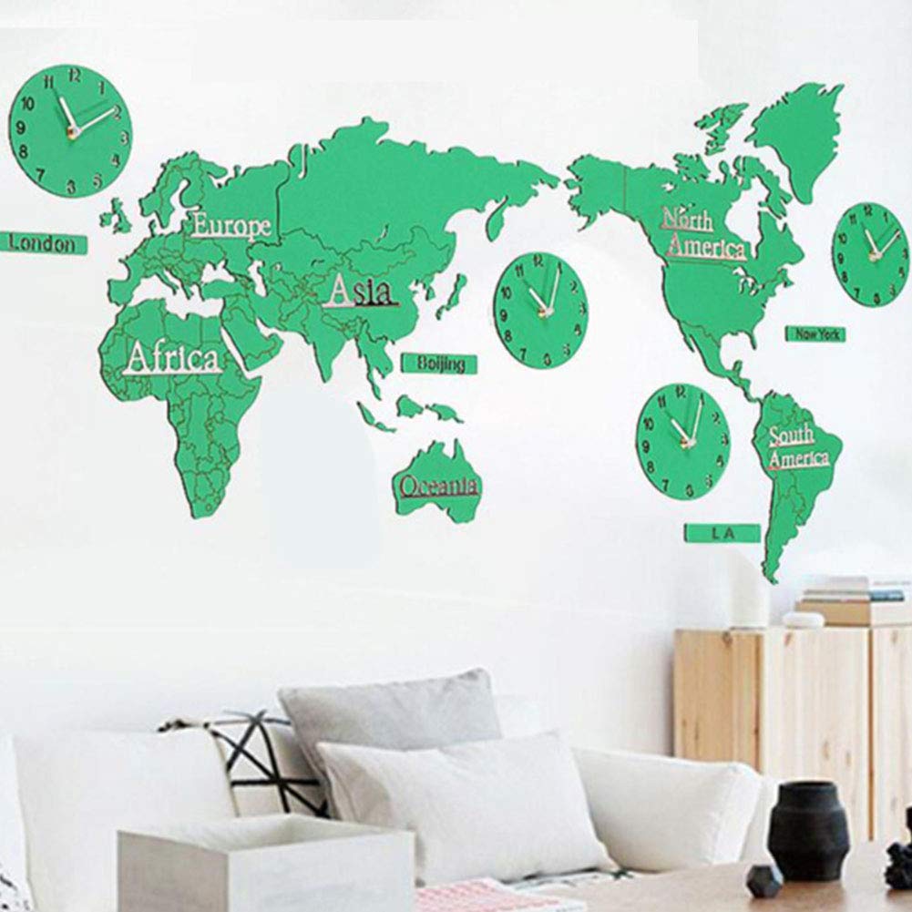 3D World Map DIY Modern Wall Clock - Silent Acrylic Frameless Decorative Sticker for Living Room, Kids Bedroom & Office (Green) | Perfect for Home Decor, Gifts & Educational Spaces