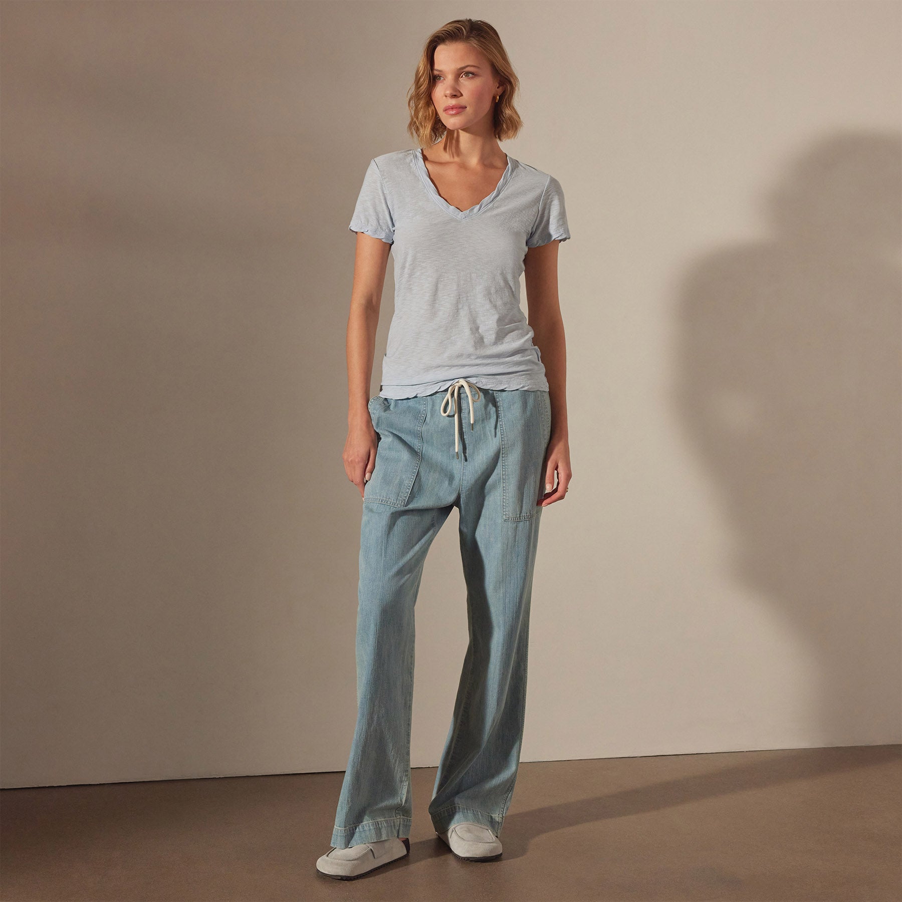 Sheer Slub Casual V-Neck T-Shirt for Women - Soft & Breathable Open Sky Blue Top for Everyday Wear | Perfect for Outings, Work & Relaxation