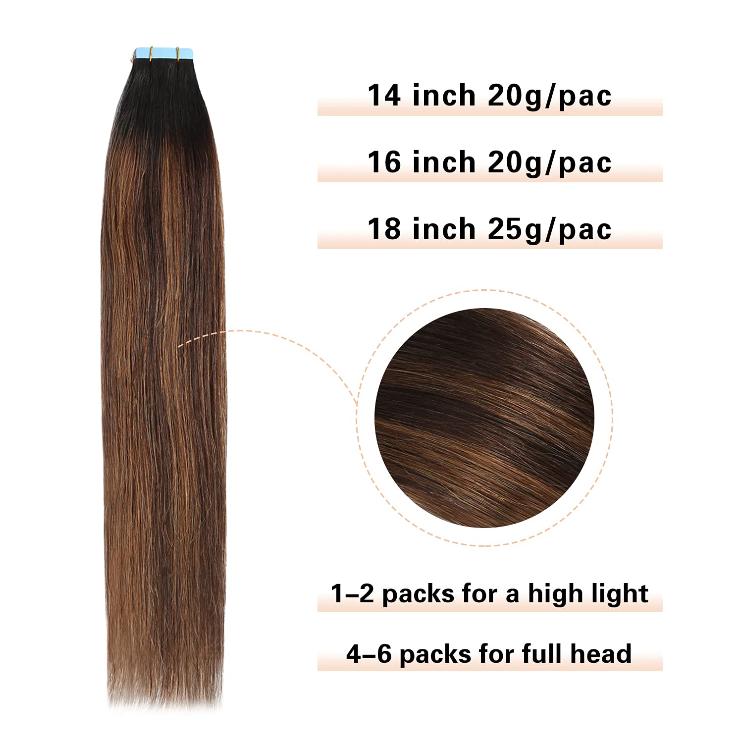 Sunya 16-Inch Tape in Hair Extensions - Silky Straight Remy Human Hair, Seamless Skin Weft, Real Human Hair Extensions (20g, 10Pcs/Pack, #P2/6/T1B) - Perfect for Daily Wear, Parties & Special Occasions