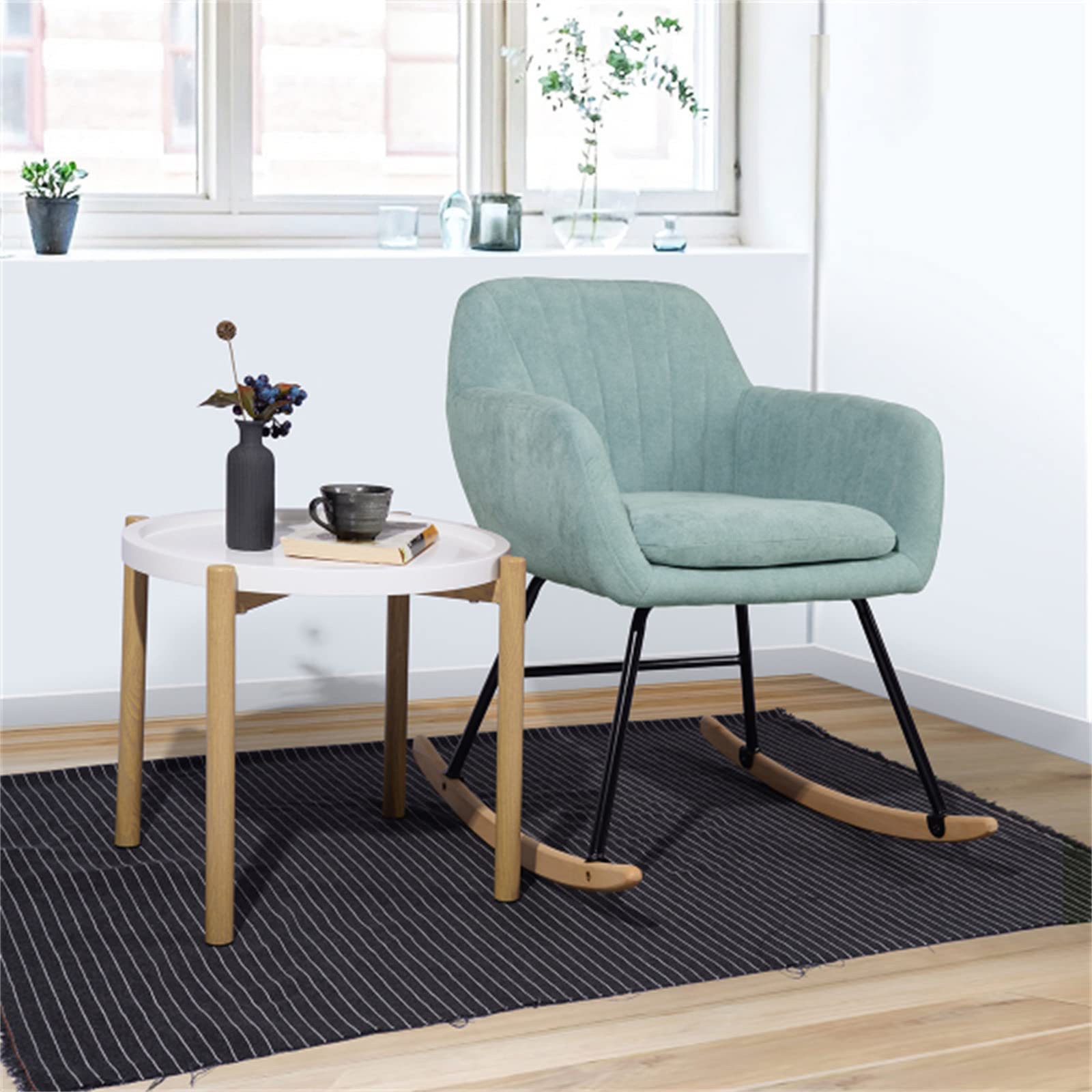 Modern Rocking Chair Armchair - Small Comfortable Upholstered Nursery Rocker with Wood Base, Green Fabric Accent Chair for Relaxing & Napping - Perfect for Living Rooms, Nurseries, Small Spaces & Cozy Corners