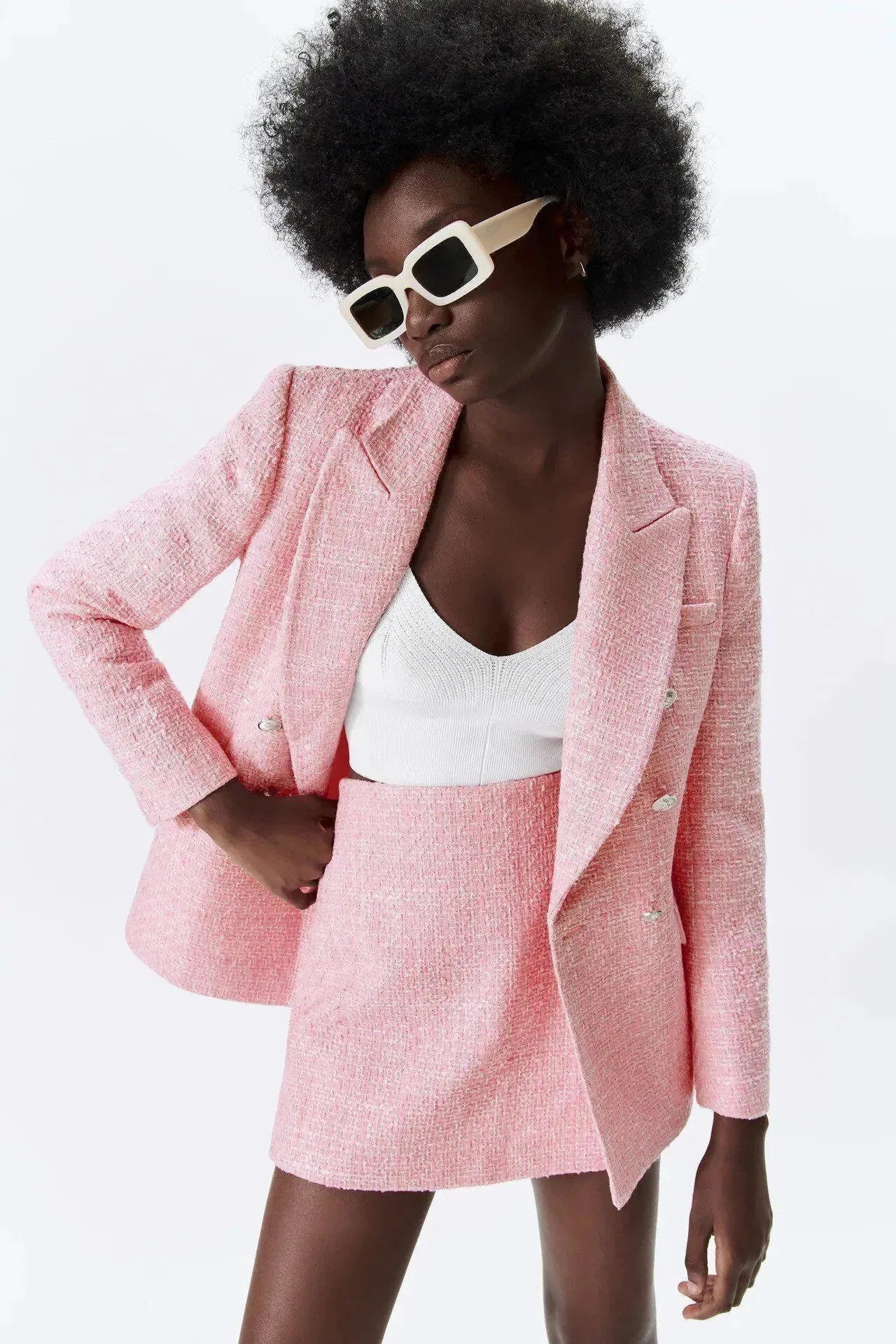 Stylish Pink Tweed Shorts Suit for Women - Summer Office Wear & Casual Outfits