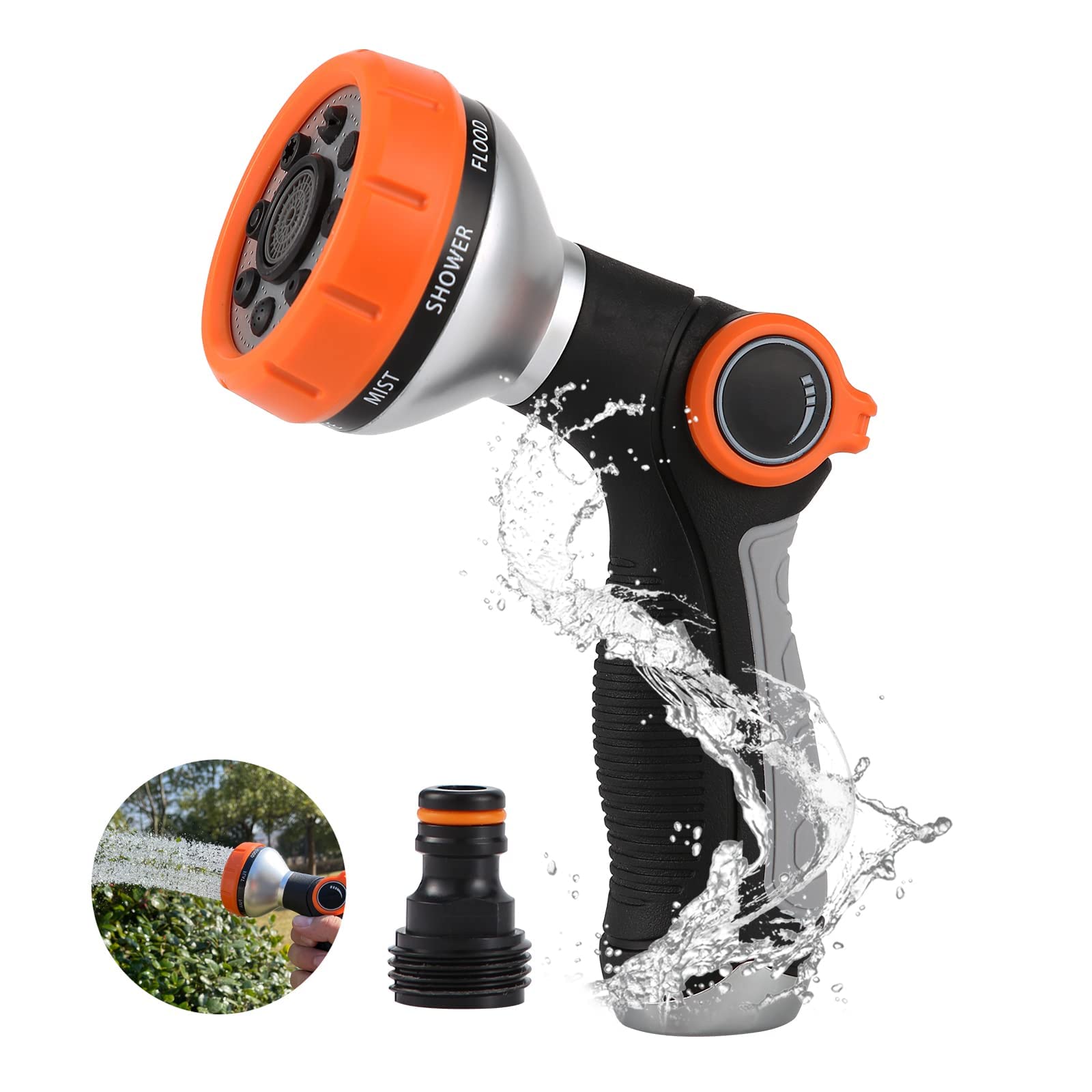 8-Pattern Adjustable Garden Hose Nozzle with Thumb Control - Heavy Duty Water Spray Nozzle for Cleaning, Watering Plants, Washing Cars & Pet Bathing | Perfect for Lawn Care, Car Detailing & Outdoor Cleaning