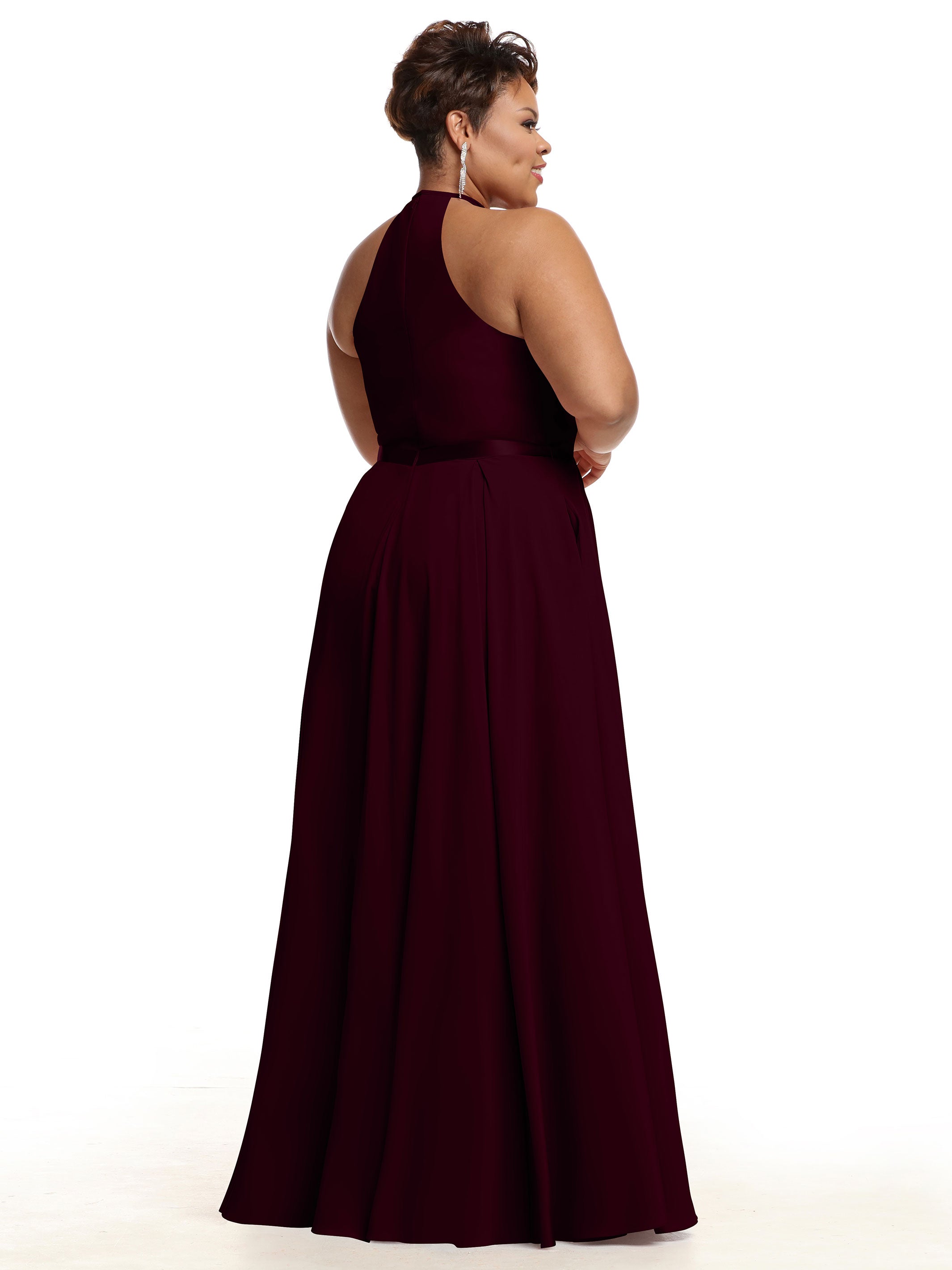 Elegant A-Line Stretch Chiffon Bridesmaid Dress with Halter Neckline & Waist Belt - Perfect for Weddings, Formal Events & Special Occasions