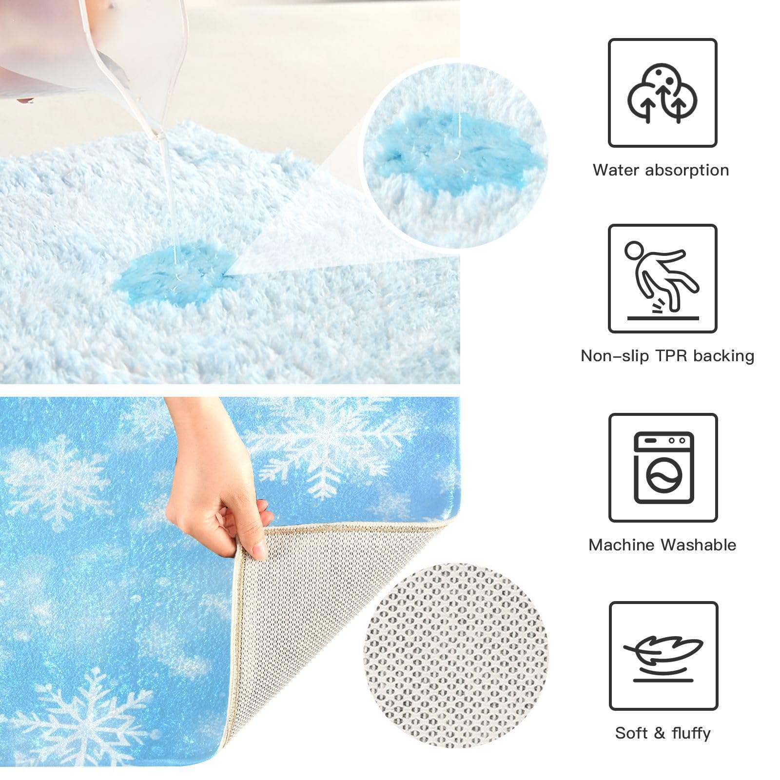 Non-Slip Blue Snowflake Bathroom Rugs Set of 2 - Ultra Soft Absorbent Washable Bath Mats for Christmas Decor, Shower & Tub Floor - Perfect for Holiday Bathroom Decorations & Winter Home Accents