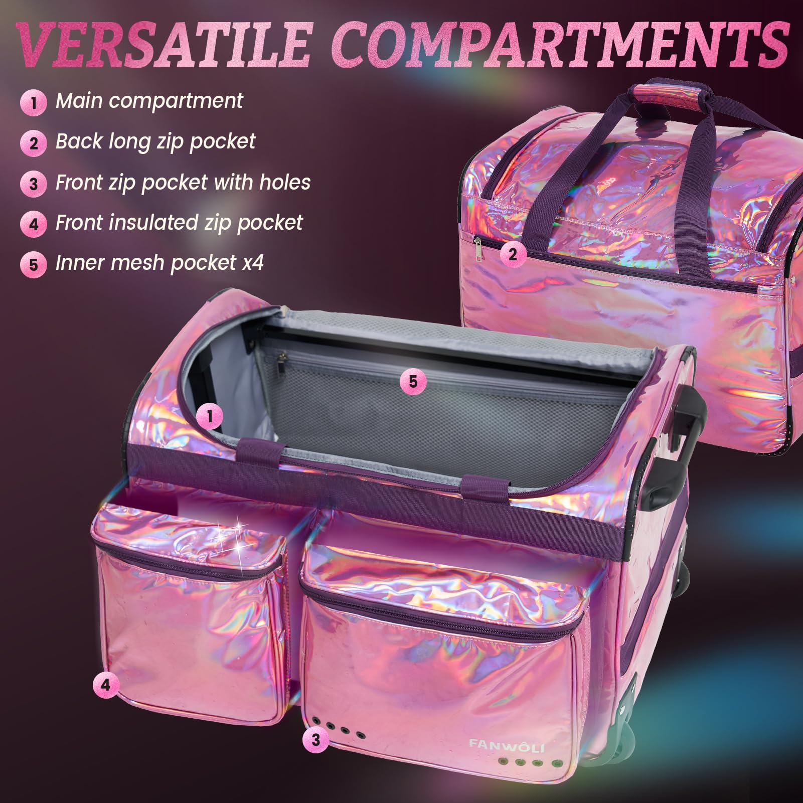 Fanwoli 23-Inch Prism-Glowing Waterproof Dance Duffle Bag with Garment Rack | Iridescent Competition Bag for Dancers, Cheerleaders & Kids | Laser Purple | Perfect for Dance Recitals, Gym Storage & Travel