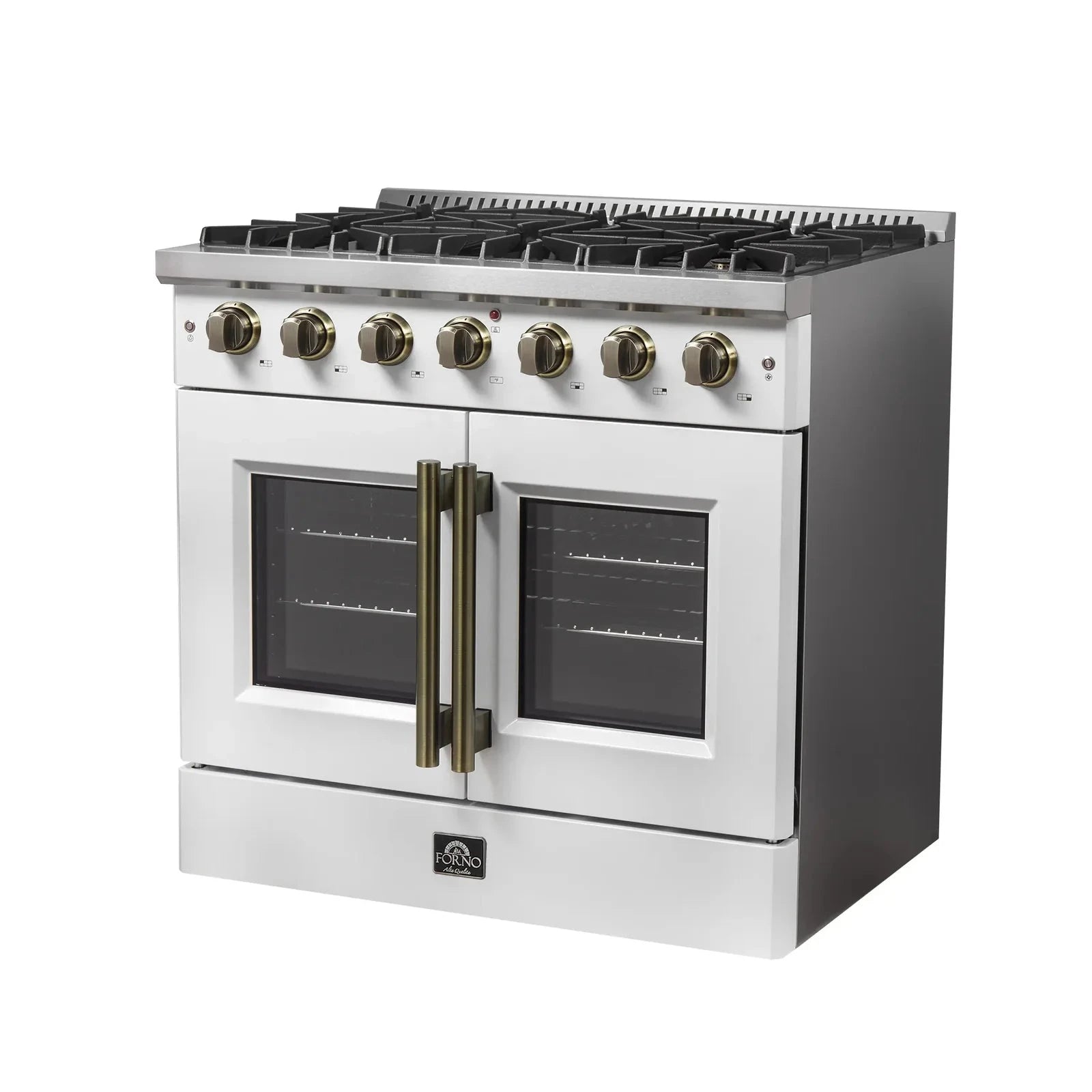 Forno Galiano 36-Inch French Door All Gas Range in White with Antique Brass Trim - Model FFSGS6444 36WHT | Professional Kitchen Appliance for Home Chefs & Modern Cooking