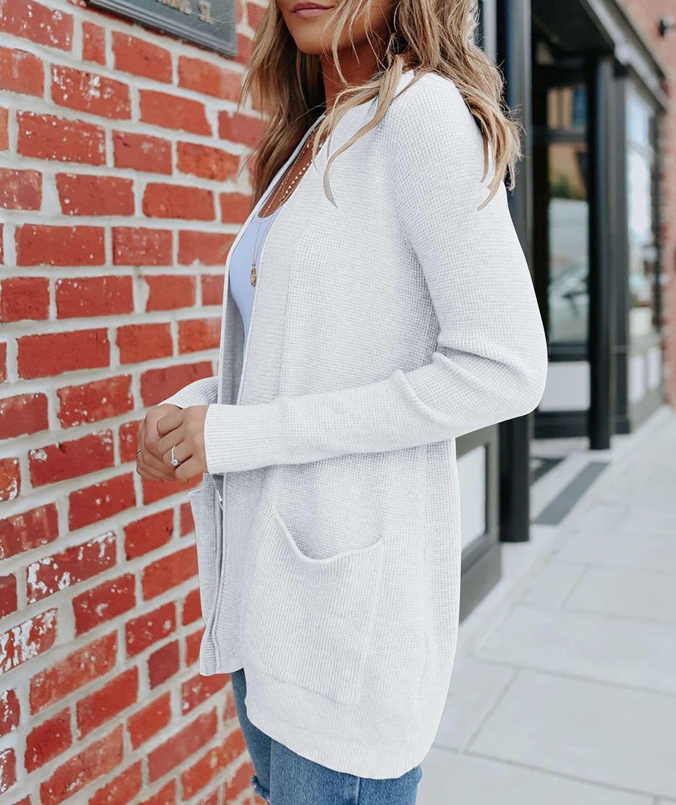 MEROKEETY Women's 2025 Fall Open Front Waffle Knit Cardigan - Long Sleeve Cozy Knit Sweater with Pockets - Perfect for Office, Casual Outfits & Autumn Layering