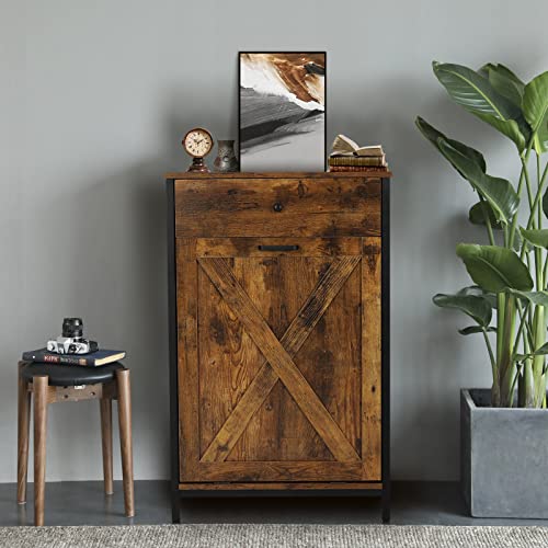 Rustic Wooden Kitchen Trash Cabinet with Hideaway Drawer - Free Standing Tilt Out Trash Can Holder & Recycling Bin for Farmhouse, Pantry, or Laundry Room Storage