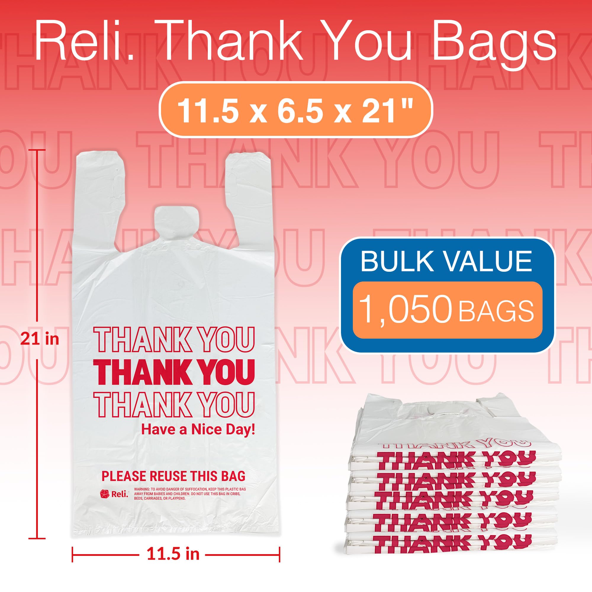 Reliable Plastic Thank You Bags (1050 Count) | White Grocery Bags with Handles | Durable Shopping Bags for Retail Stores, Groceries & Gift Packaging