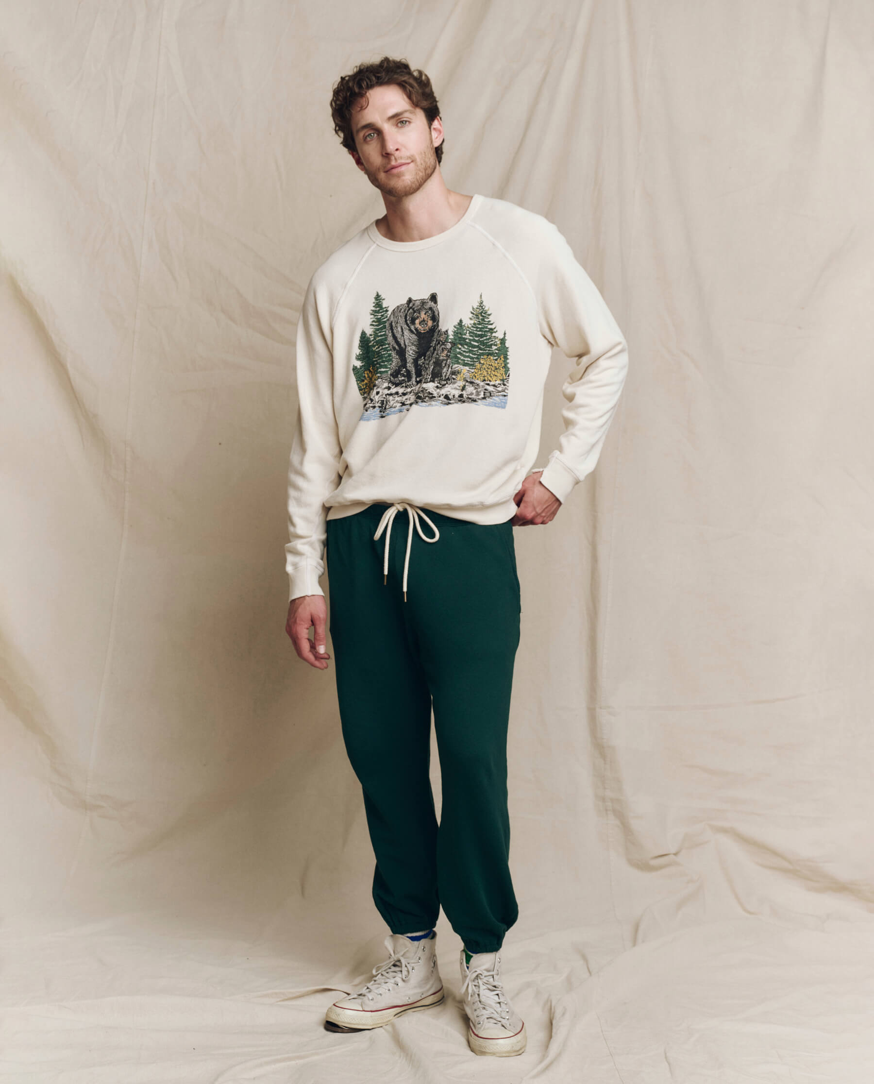 Men's Graphic College Sweatshirt - Washed White with Black Bear Design - Perfect for Campus Wear, Casual Outfits & Gameday Spirit