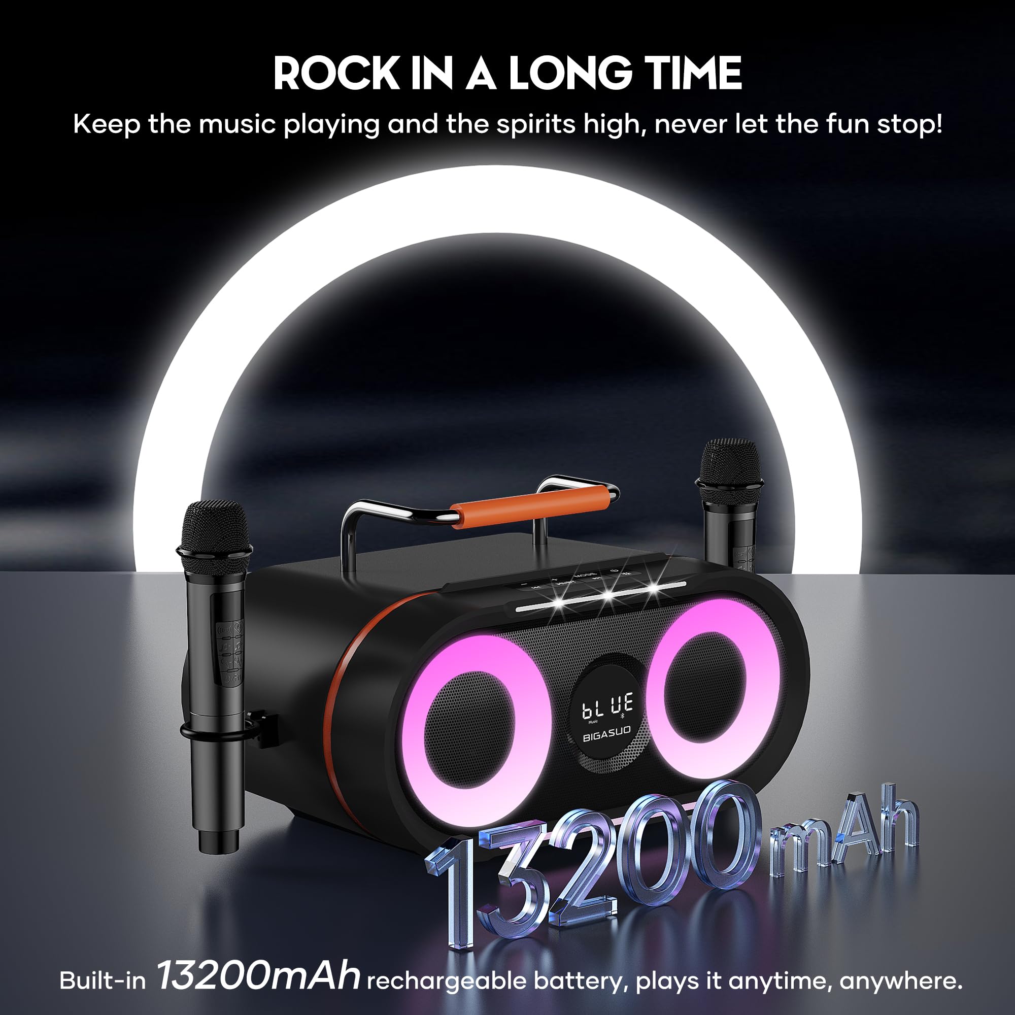 BIGASUO Portable Bluetooth Karaoke Machine with Deep Bass & Flashing Lights - Wireless PA Speaker System with 2 UHF Microphones for Home, Party, Wedding & Outdoor Singing | Perfect for Family Gatherings, Birthday Celebrations and Camping Entertainment