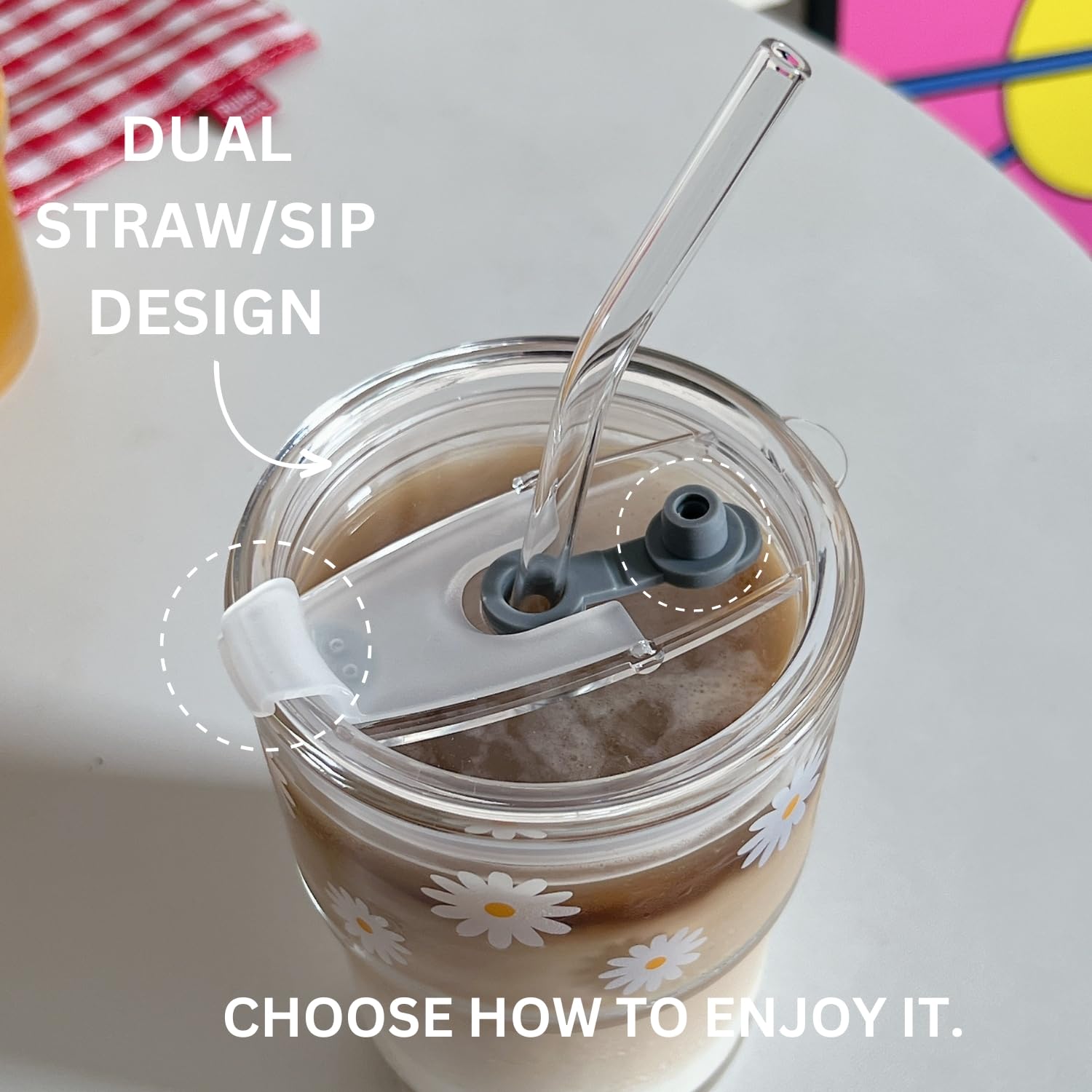 13oz Glass Tumbler with Straw and Lid - Reusable Iced Coffee Cup, Cute Travel Mug for Matcha, Water & Cold Drinks - BPA Free Insulated Glass Cup with Daisy Design - Perfect for Office, Gym, Camping & Daily Use