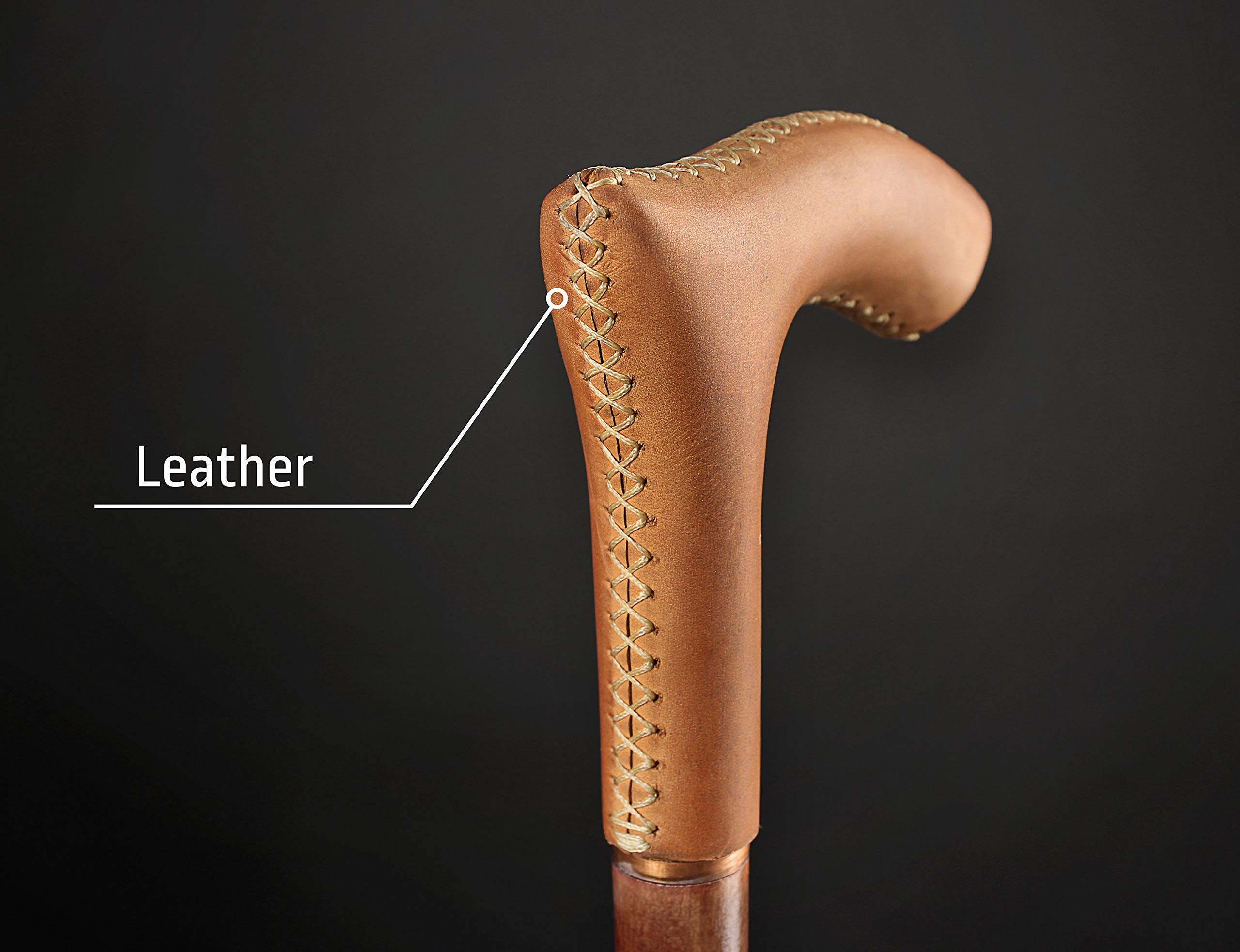 Premium Hand Carved Leather Wrapped Wooden Walking Cane - Derby Style Hiking Stick for Men & Women - Perfect Gift for Seniors, Travel & Outdoor Adventures