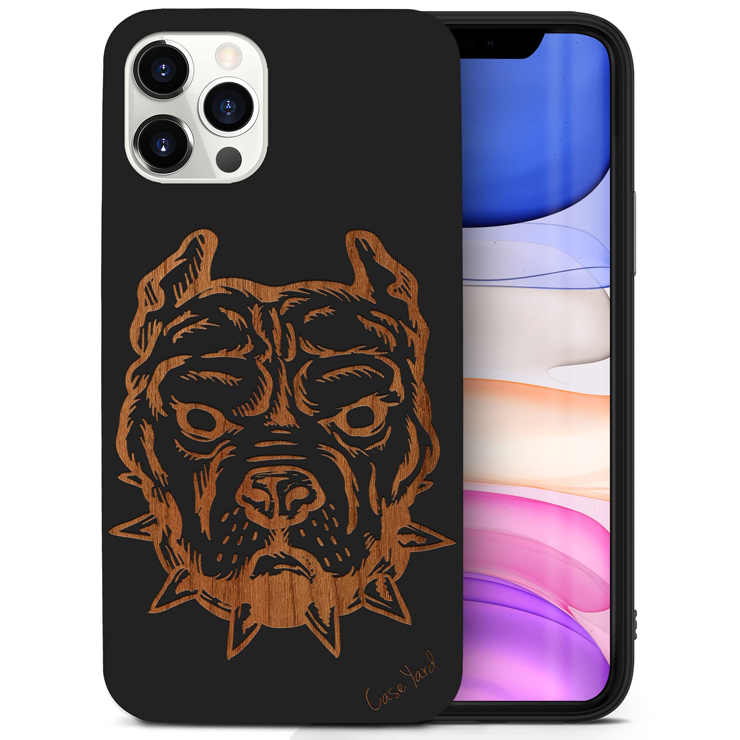**CaseYard Wood Phone Case for iPhone 11 Pro – Laser Engraved Pitbull Design, Black Wood, Shockproof & Slim Fit Protective Cover – Perfect for Everyday Use, Travel & Gifts for Men & Women**