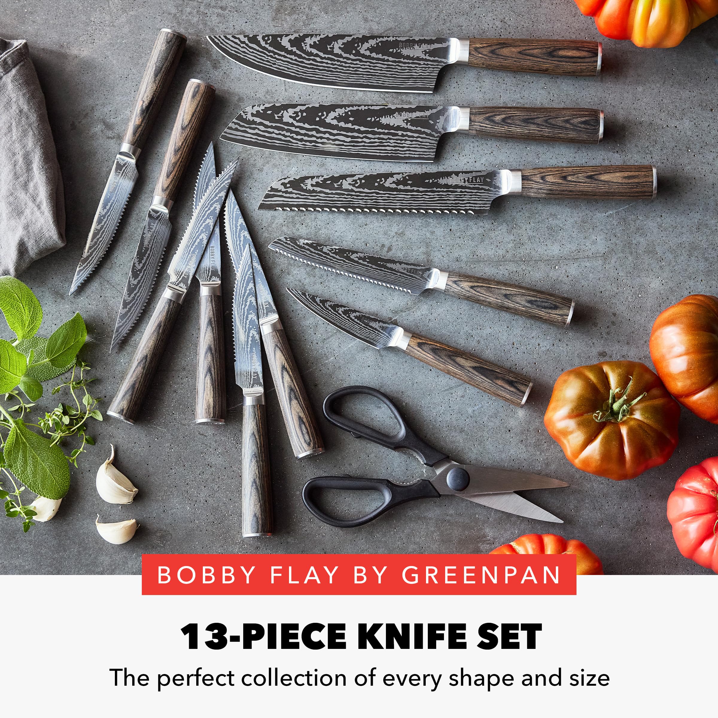 GreenPan x Bobby Flay 13-Piece Stainless Steel Knife Set with Acacia Wood Block - Premium Damascus Steel Kitchen Knives for Professional Chefs & Home Cooking - Perfect for Slicing, Dicing, and Food Prep
