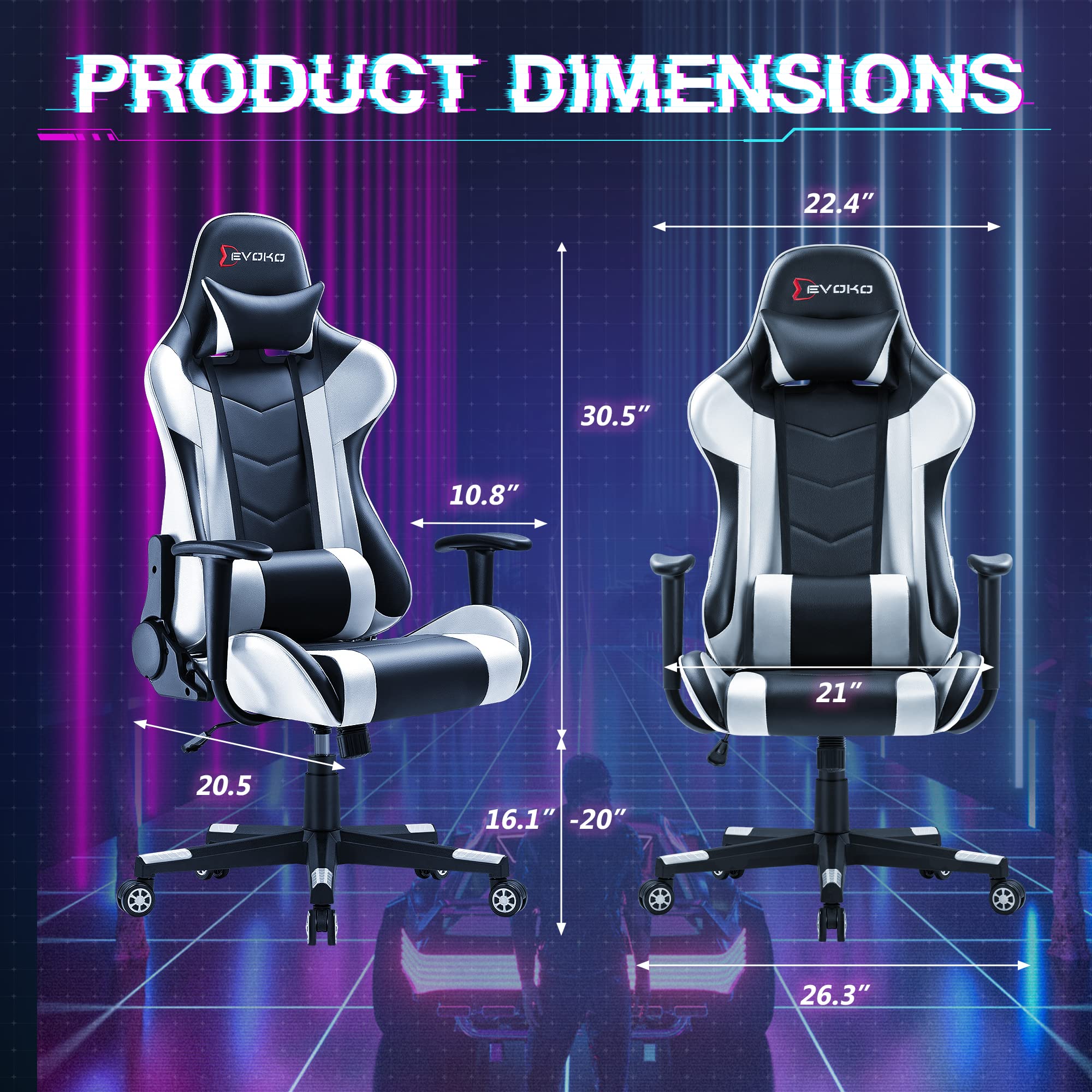 Devoko Ergonomic Gaming Chair - Racing Style Adjustable Height Office Chair with High Back, Headrest & Lumbar Support - Perfect for PC Gaming, Home Office & Executive Workspaces (White)