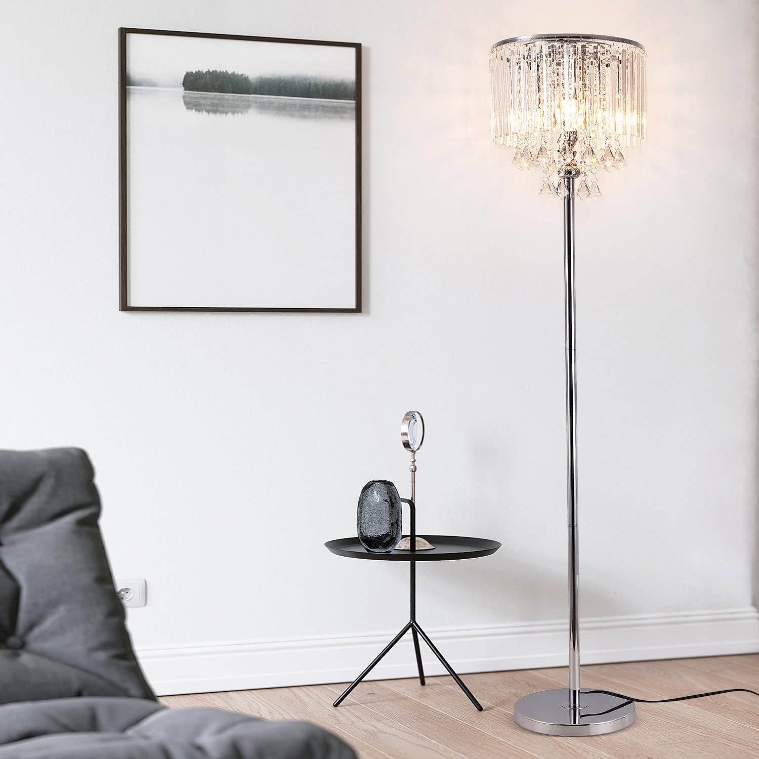 Modern Crystal Floor Lamp with On/Off Foot Switch - 3-Light Glass & Chrome Standing Lamp for Living Room, Bedroom, Office - Elegant Reading Corner Lighting for Home & Cafe Decor