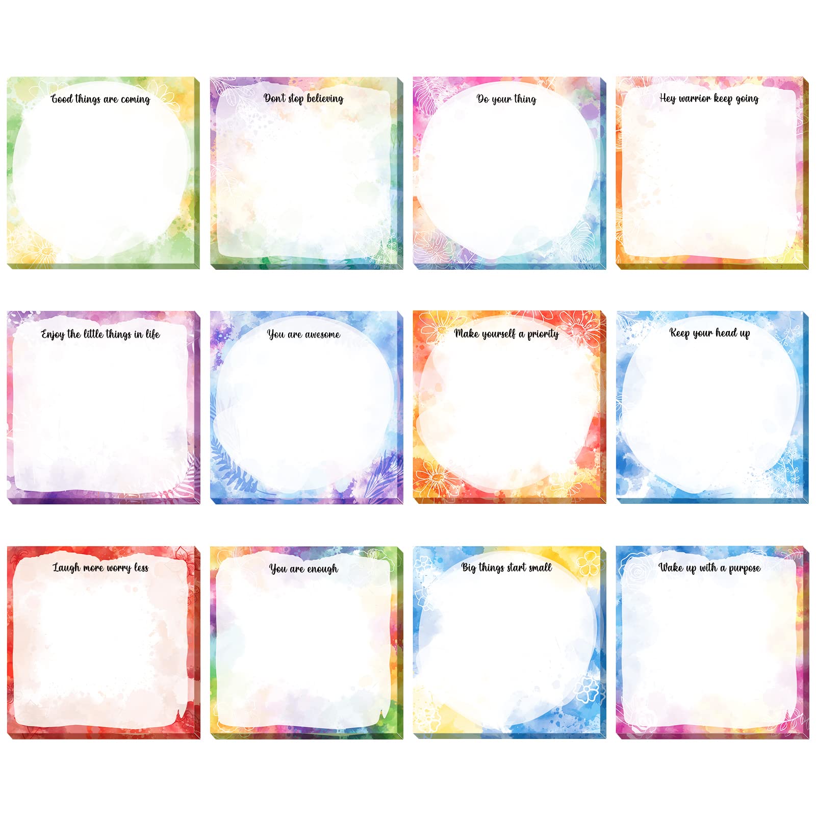 12-Pack Inspirational Sticky Notes 3x3 Inch - Colorful Watercolor Motivational Memo Pads with Uplifting Quotes - Perfect for Office, School, Study Reminders & Daily Planning