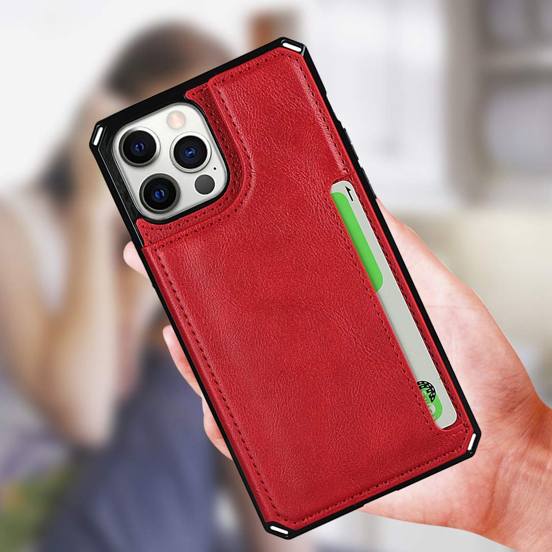 Premium Leather iPhone 12 Case with Card Holder & Stand - Shockproof Wallet Phone Case for iPhone 12/12 Pro (Red) - Perfect for Work, Travel & Everyday Protection