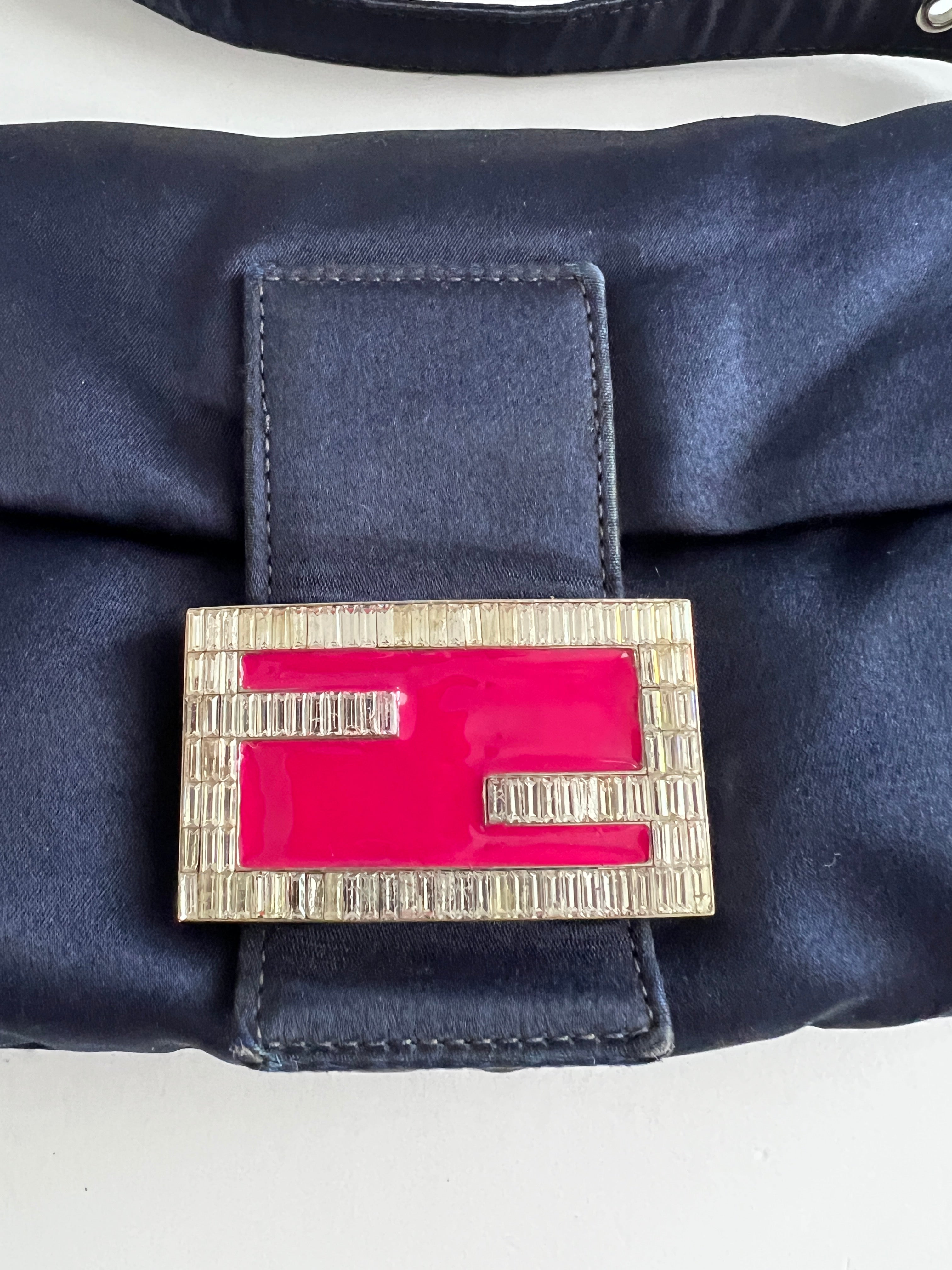 Vintage Fendi Navy Blue Satin Baguette Handbag - Luxury Designer Crossbody Purse for Women, Perfect for Evening Parties & Special Occasions