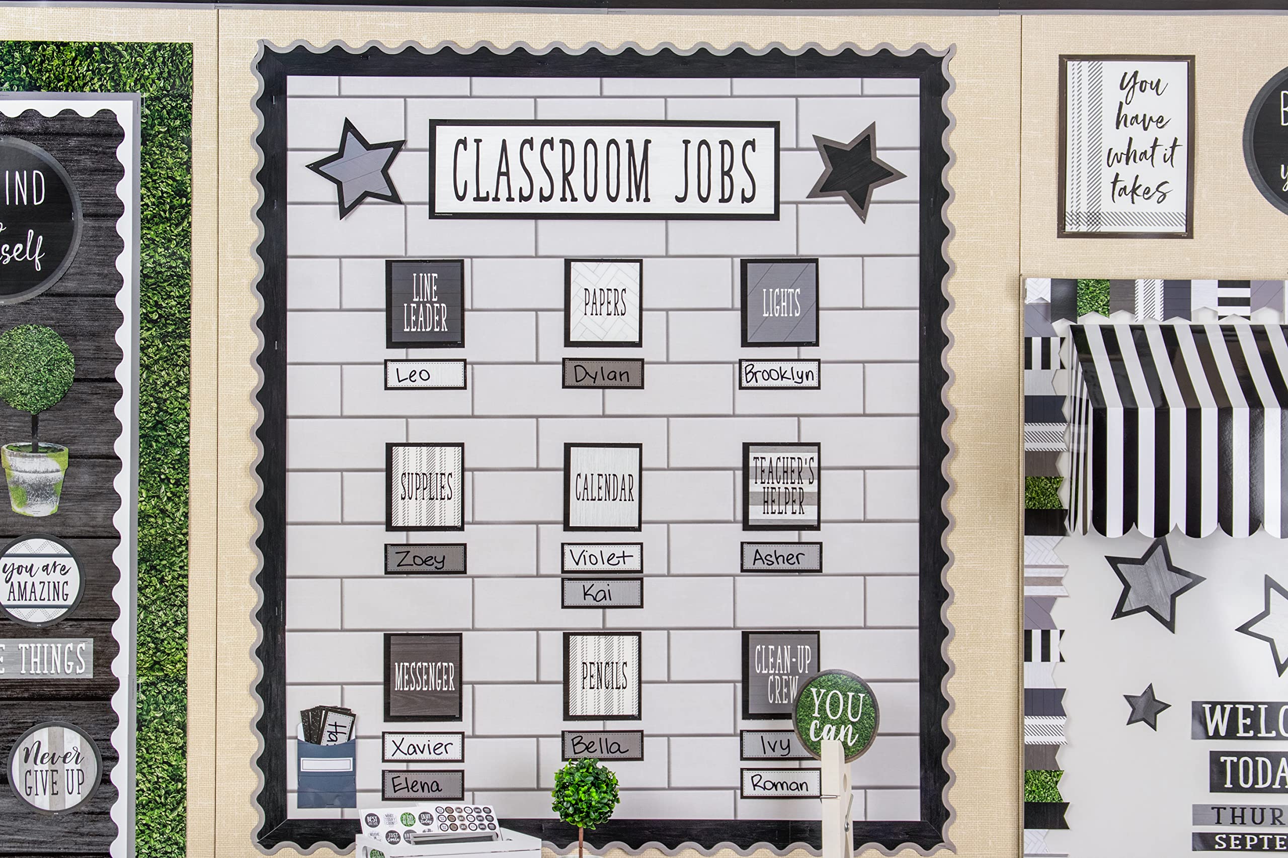 Teacher Created Resources Modern Farmhouse Black & Gray Scalloped Border Trim - 50ft Roll for Bulletin Boards, Walls, Desks - Perfect for Classroom Decor, Homeschooling, School Doors & Windows Decoration