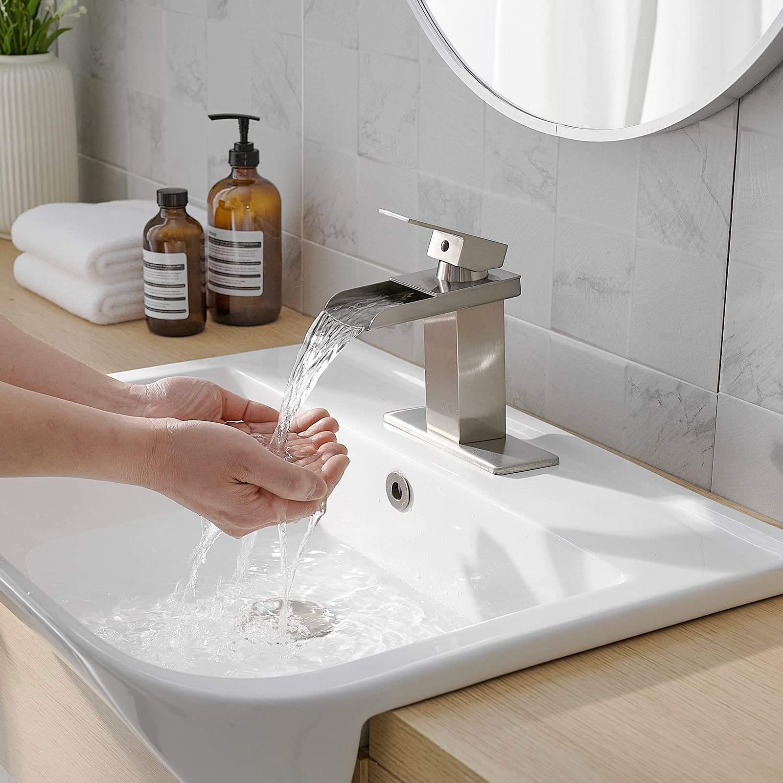 Homevacious Brushed Nickel Waterfall Bathroom Faucet - Single Handle Vanity Sink Faucet with Pop-Up Drain & Deck Plate, Modern Single Hole Lavatory Basin Mixer Tap for Home & Commercial Use - Perfect for Bathroom Renovation & Luxury Hotel Upgrades
