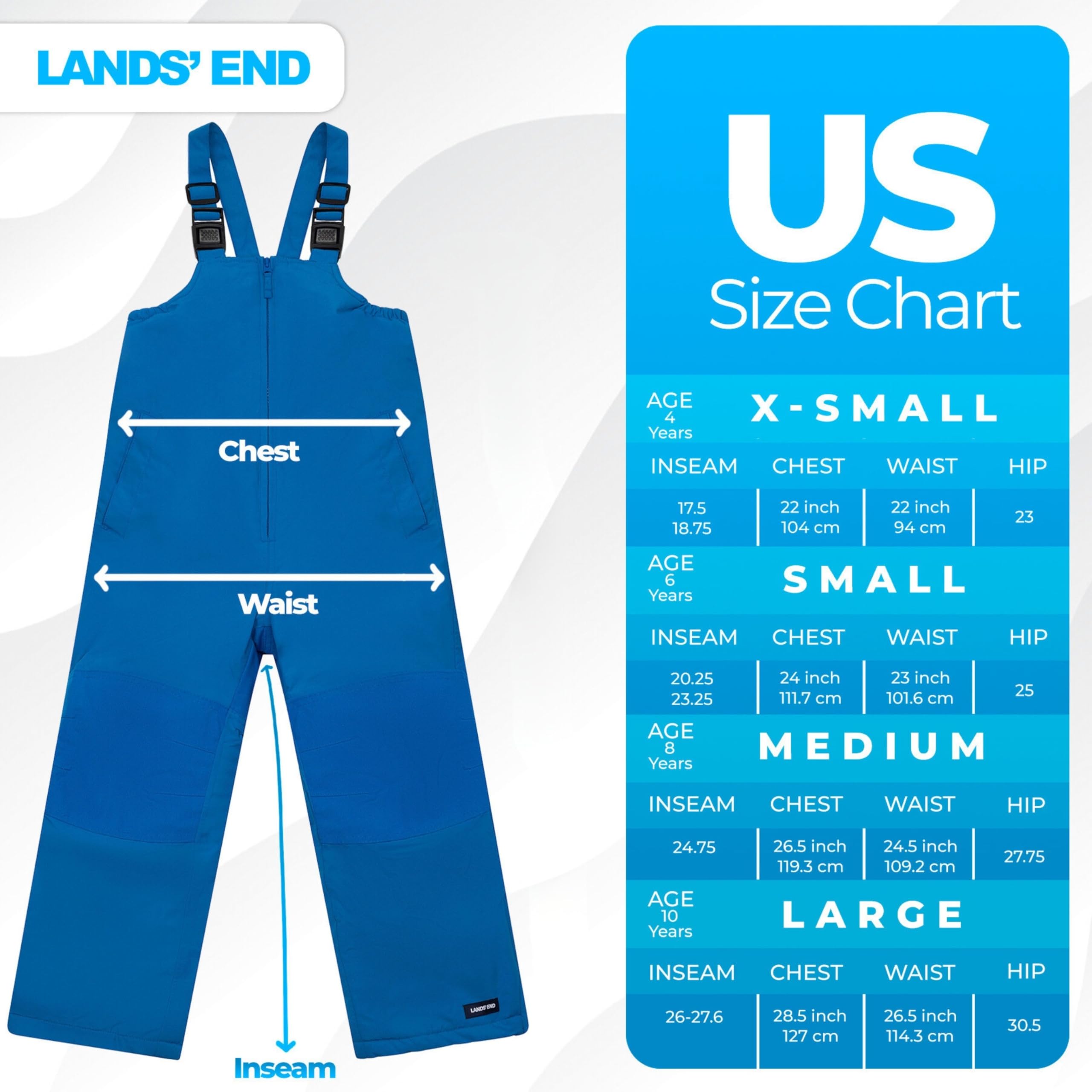 Lands' End Kids Squall Waterproof Snow Bib Pants with Reinforced Knees - Warm Winter Snow Pants for Boys & Girls, Ideal for Skiing, Sledding & Outdoor Play