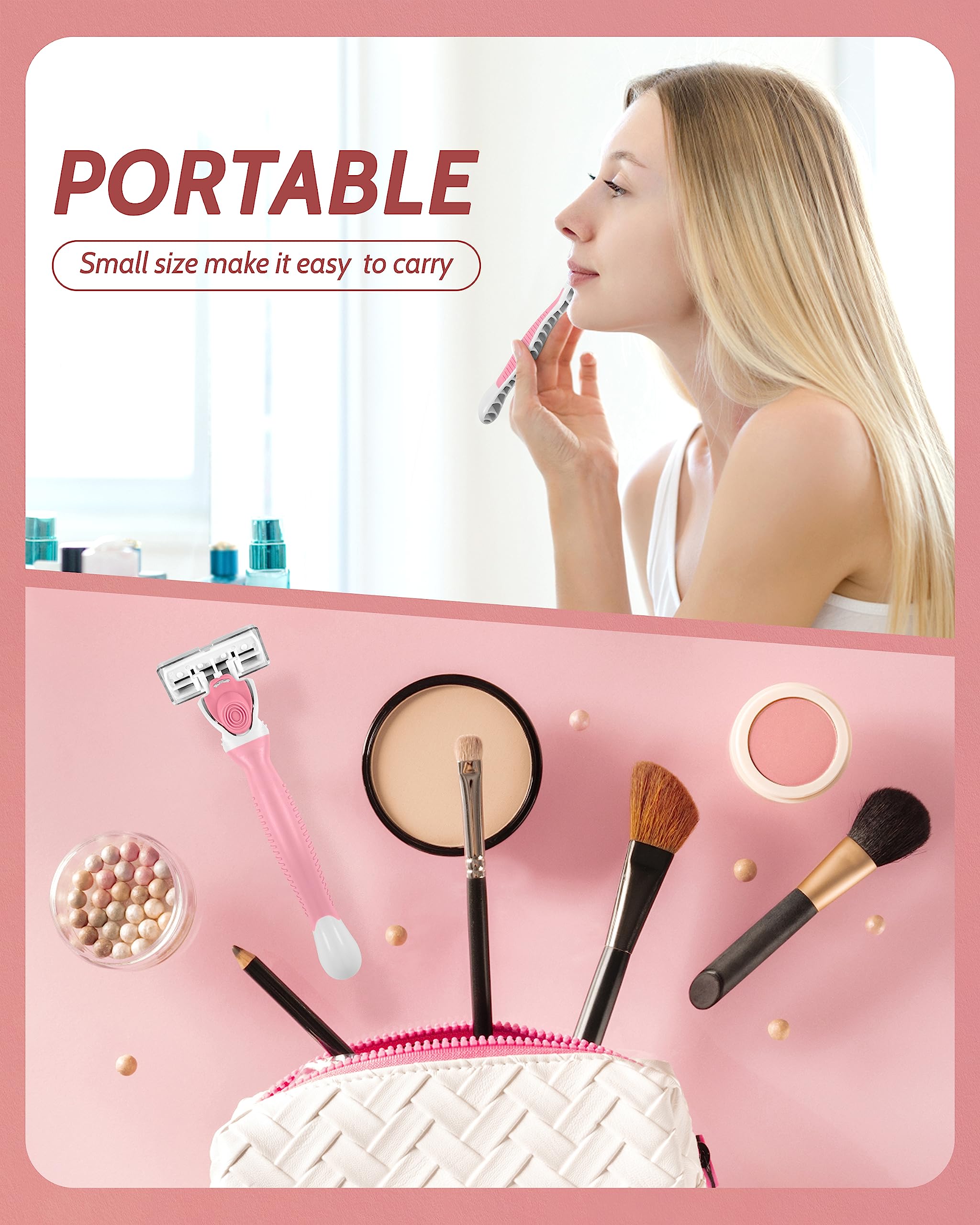 Premium 6-Blade Women's Razor for Sensitive Skin with 12 Refills & Travel Razor - Pink | Smooth Shaving for Legs, Underarms & Bikini Area | Gentle & Hypoallergenic