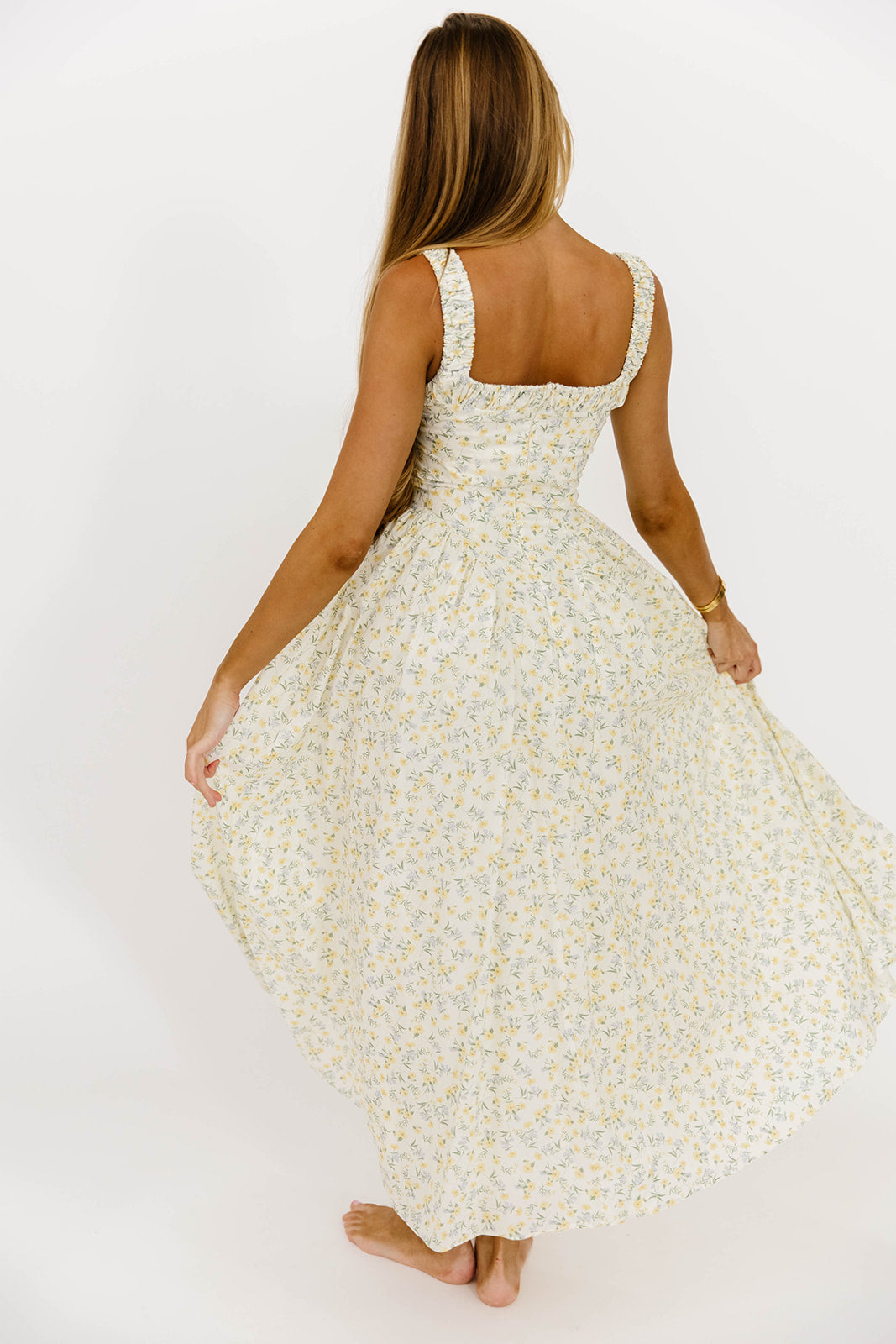 Trixy Floral Print Ruched Square Neck Midi Dress - Yellow Summer Dress for Women, Perfect for Beach Vacations, Garden Parties & Date Nights