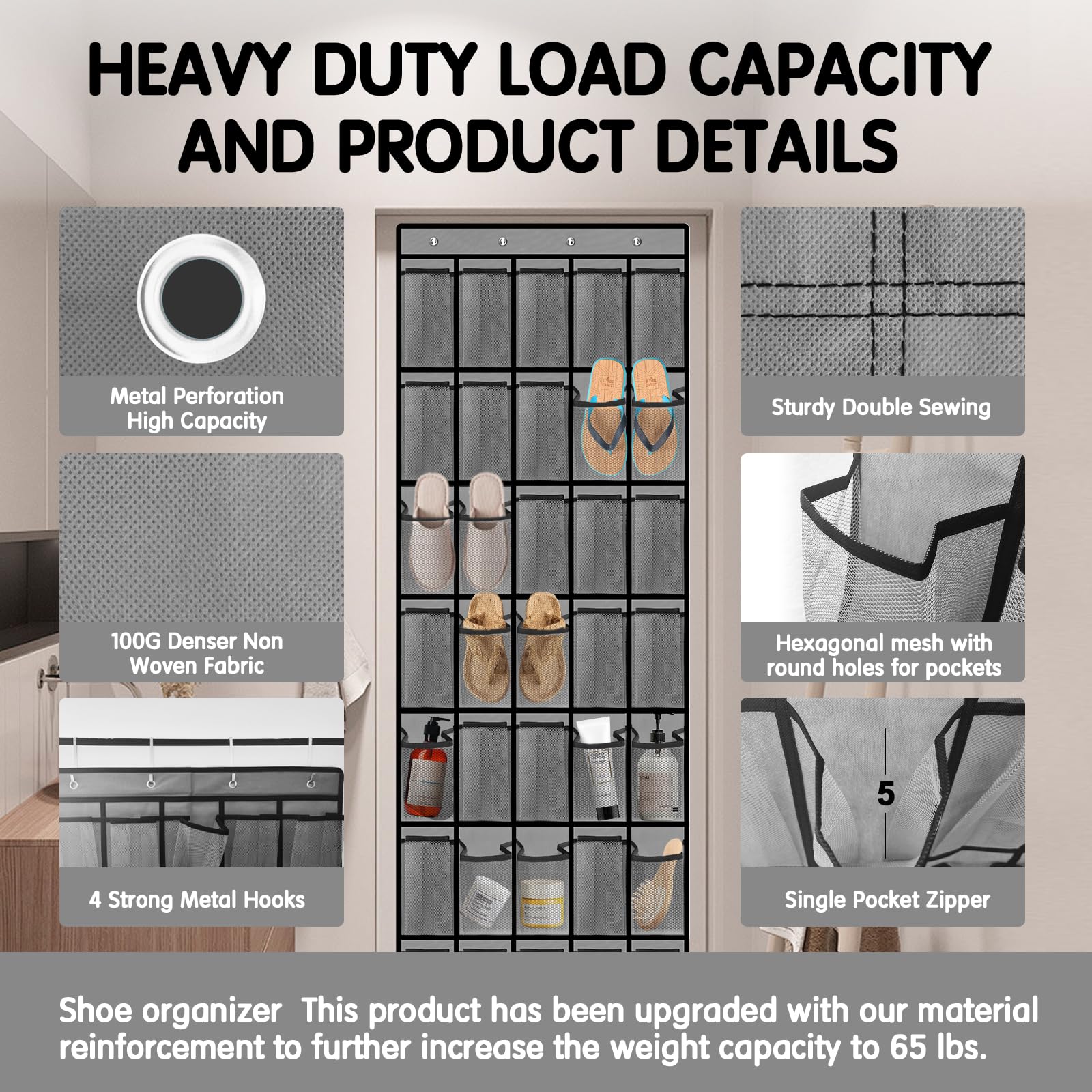35 Compartment Breathable Mesh Over the Door Shoe Organizer for Men & Women - Space Saving Closet Storage Solution for Sneakers, Sandals & Boots | Perfect for Bedrooms, Dorms & Apartments (Gray)