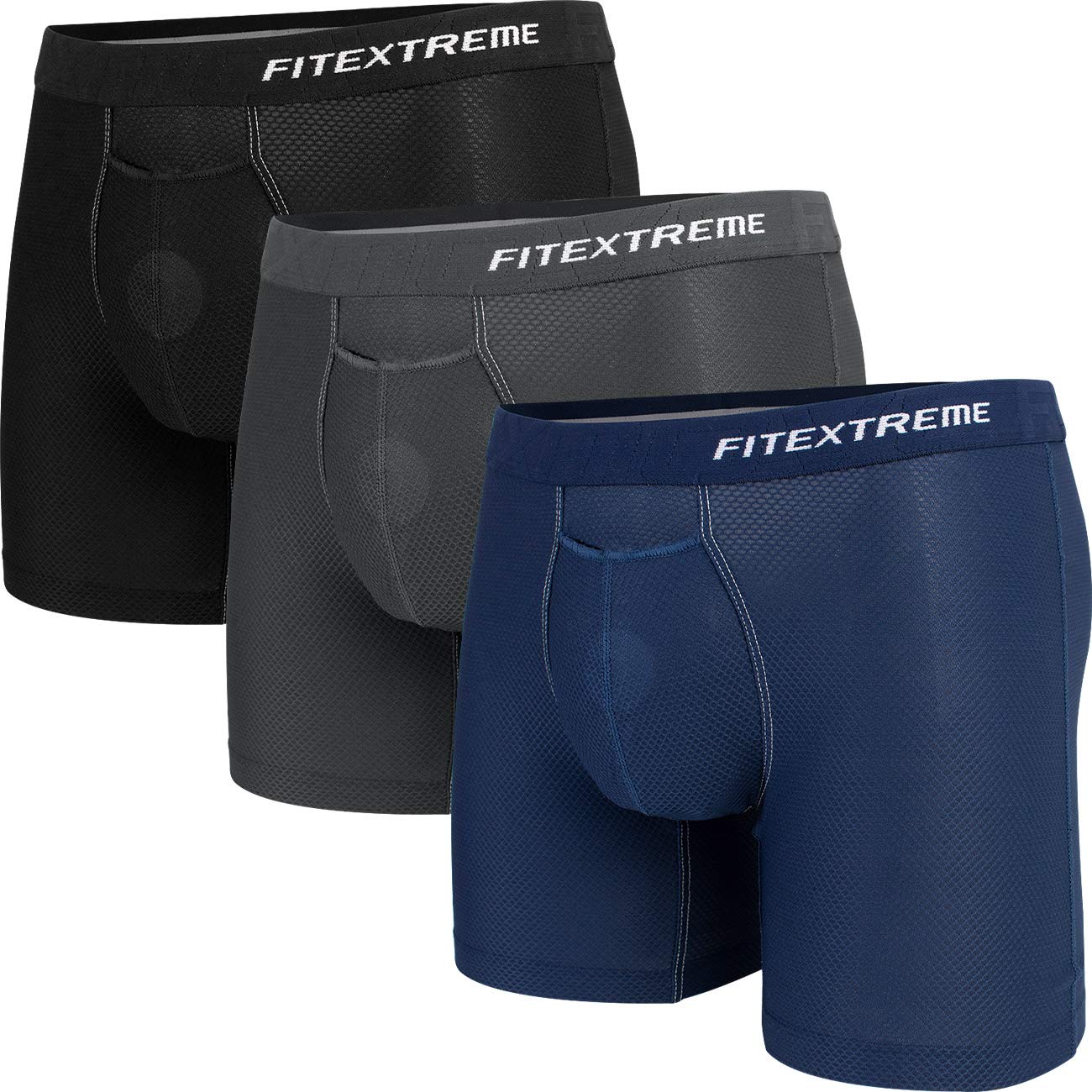 FITEXTREME Men's Breathable Waffle Mesh Boxer Briefs with Separate Pouch & Open Fly - 3 Pack Multipack - Comfortable Underwear for Workout, Travel & Everyday Wear