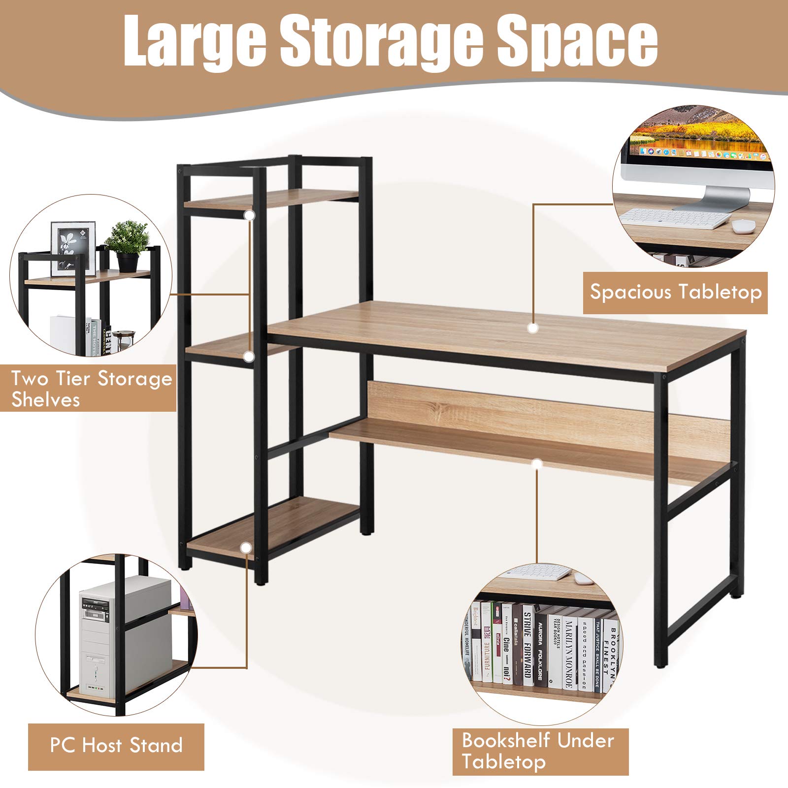 Tangkula 59-Inch Home Office Desk with Bookshelf & Storage | Sturdy Metal Frame Computer Workstation | Adjustable Foot Pads for Stability | Perfect for Small Spaces, Study Rooms & Home Offices
