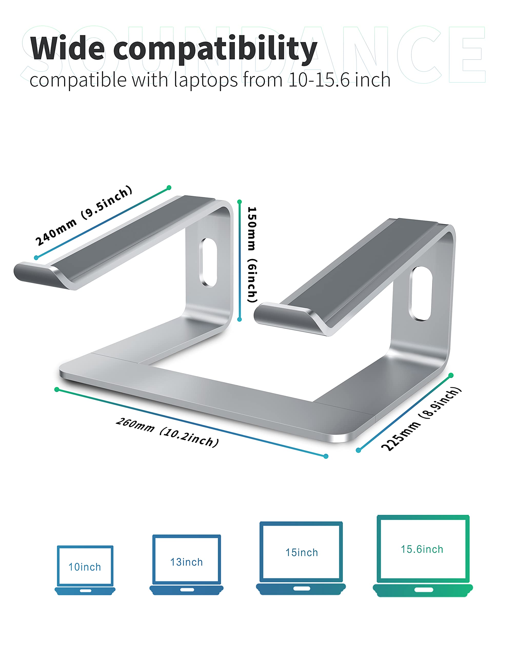SOUNDANCE Aluminum Laptop Stand for 10-15.6 Inch Notebooks - Ergonomic Computer Riser with Adjustable Height, Portable & Sturdy Metal Holder for MacBook, Dell, HP - Perfect for Home Office, Gaming & Workstation Setup (Silver)