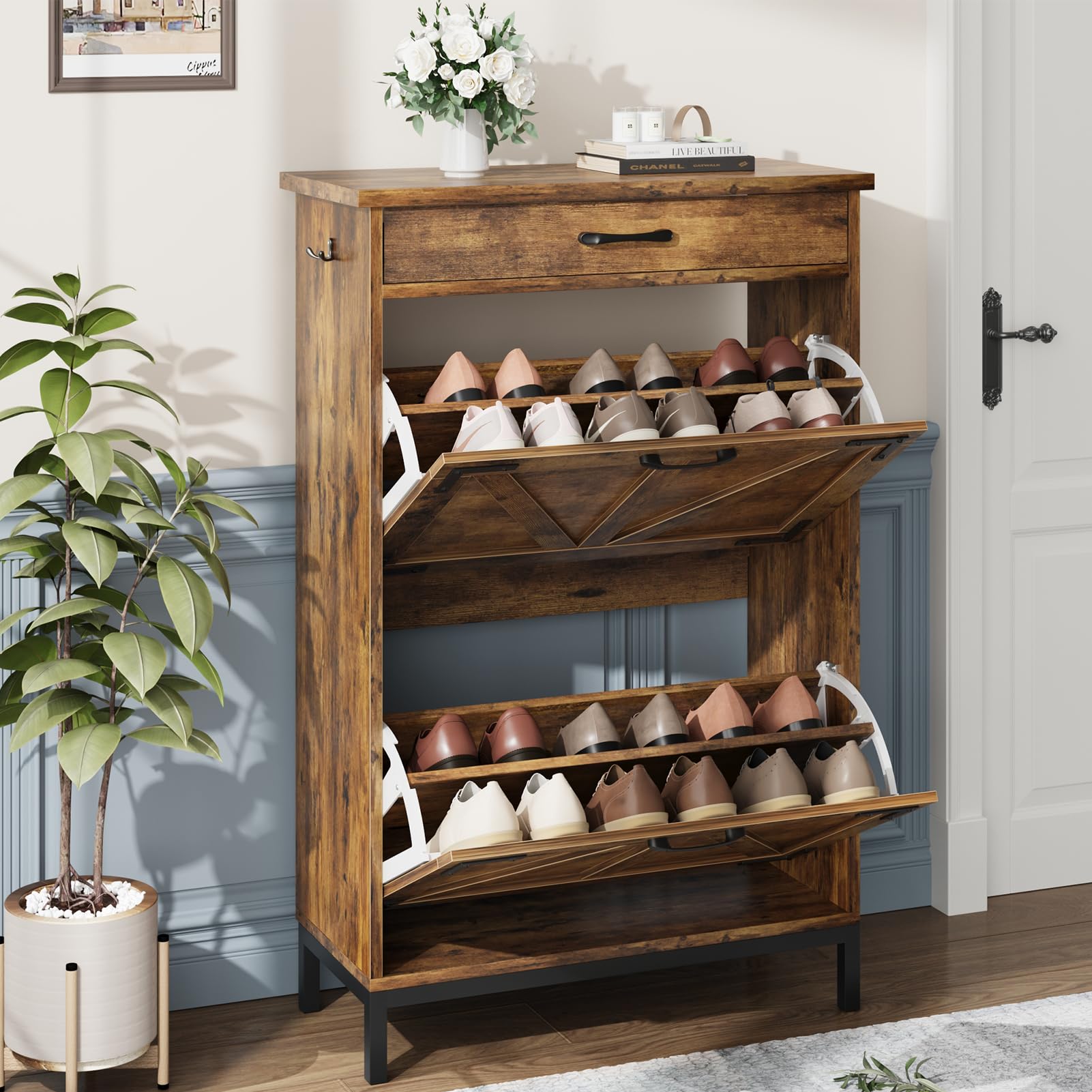 Farmhouse Style Shoe Storage Cabinet - Narrow Entryway Shoe Organizer with 2 Flip Drawers, Free Standing Slim Shoe Rack for Foyer & Hallway (Brown) - Perfect for Small Spaces & Home Organization