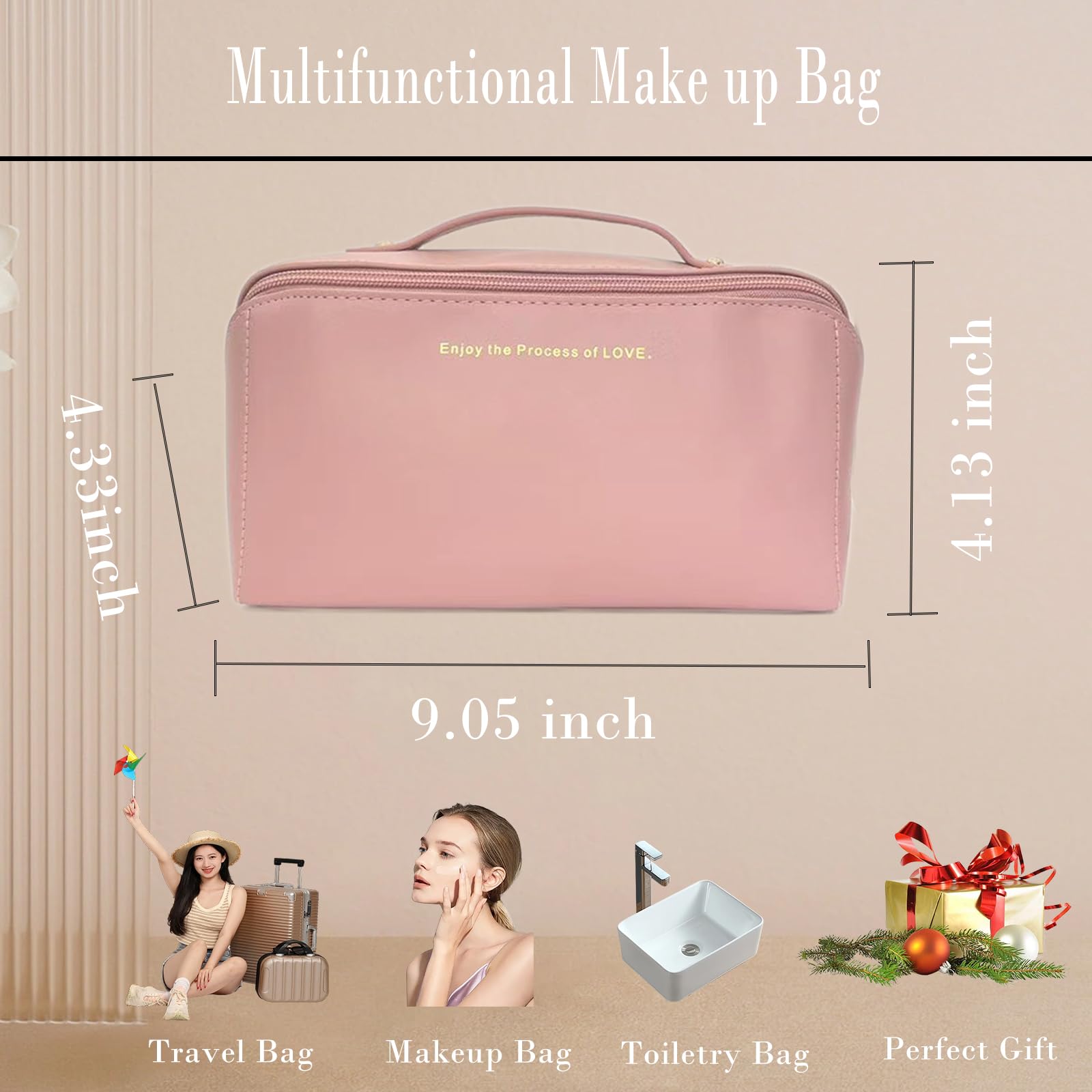 Large Travel Makeup Bag for Women - Waterproof Cosmetic Organizer with Divider | Perfect for Vacation & Gym (Pink)