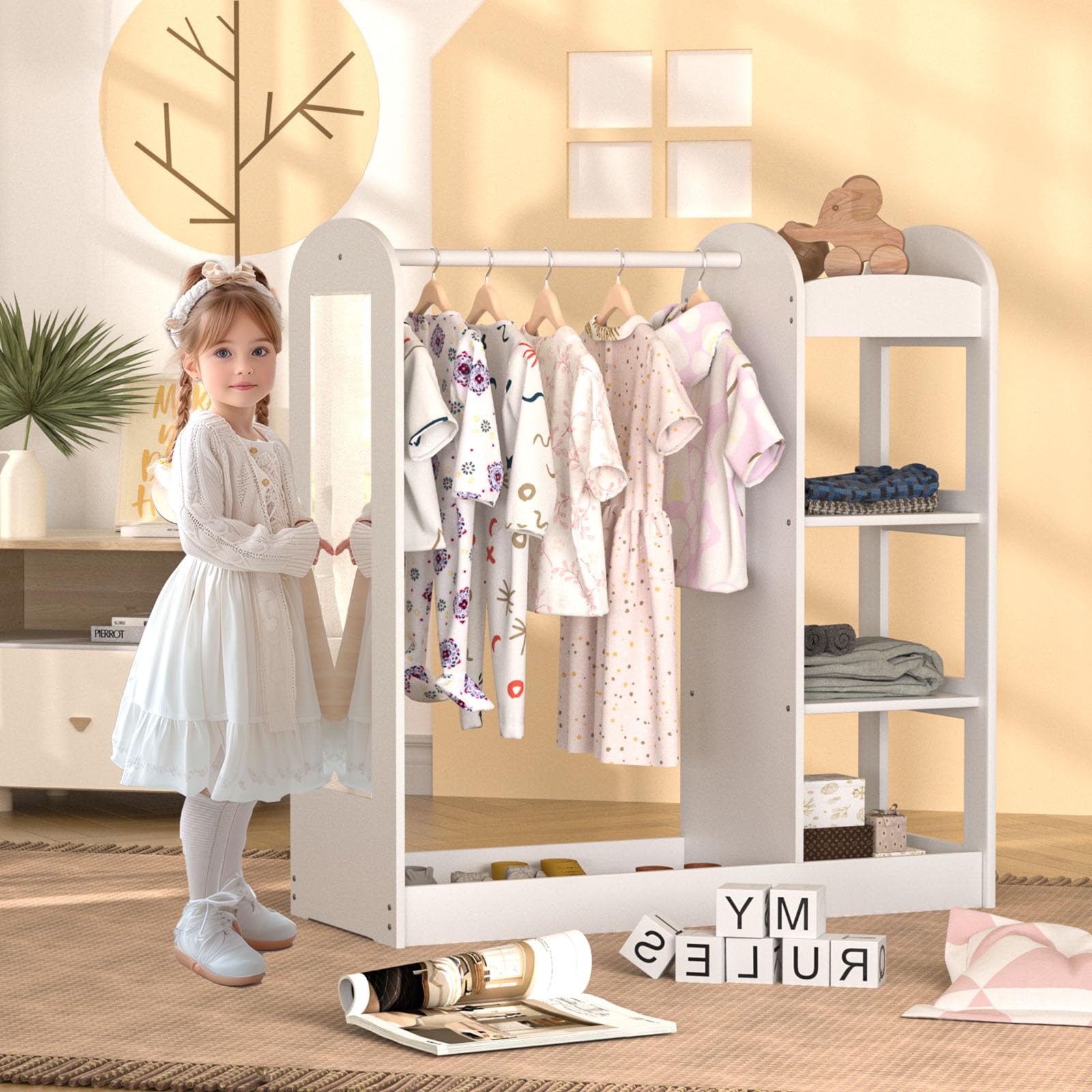 67i Kids Dress Up Storage Armoire with Mirror - Play Closet Organizer for Pretend Costumes & Hanging Clothes - White Wardrobe for Little Girls Bedroom (Perfect for Dress-Up Play, Birthday Gifts & Bedroom Organization)