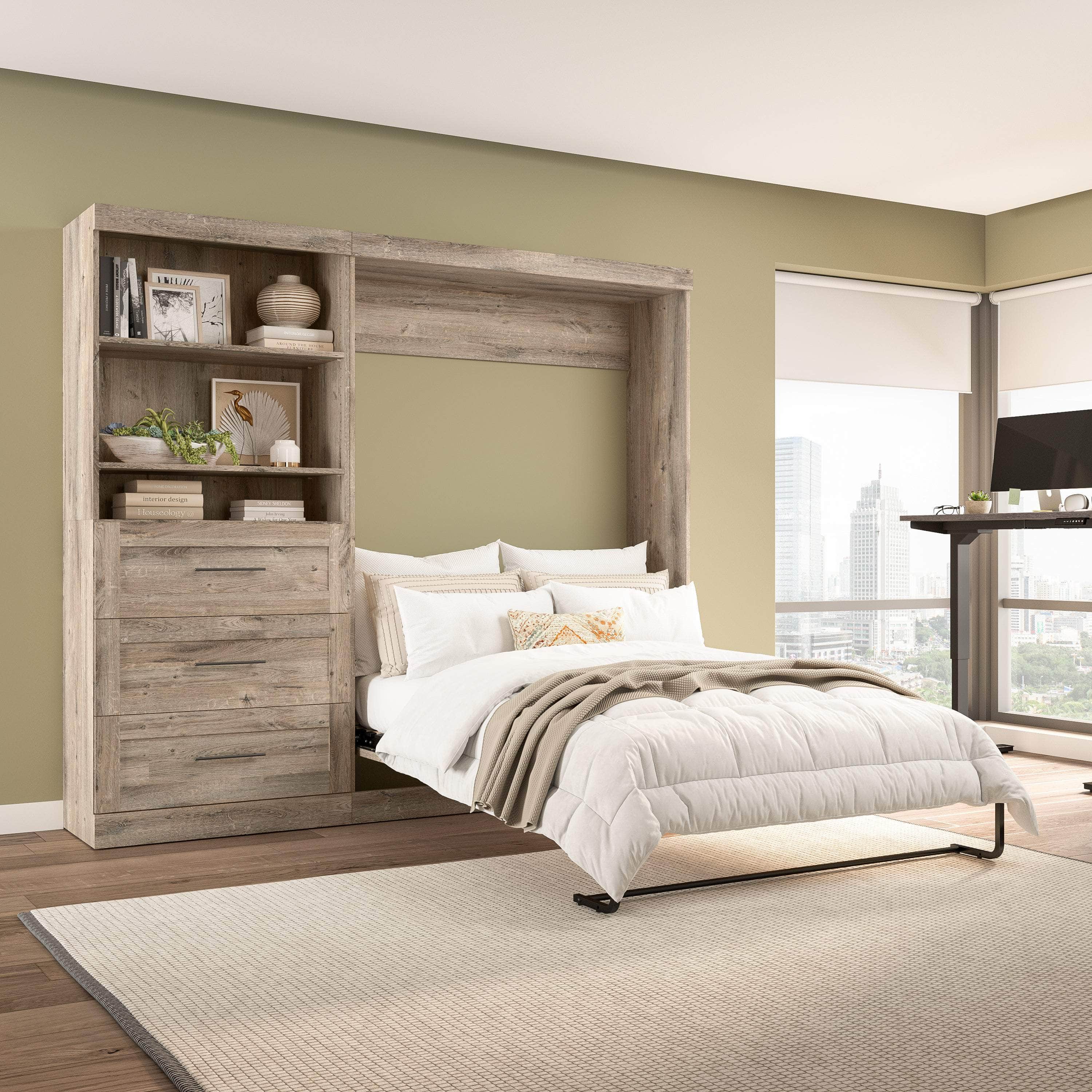 Pur Full Murphy Wall Bed with Storage Drawers - Space-Saving Foldable Bed for Small Apartments & Guest Rooms (95W, 3 Color Options)