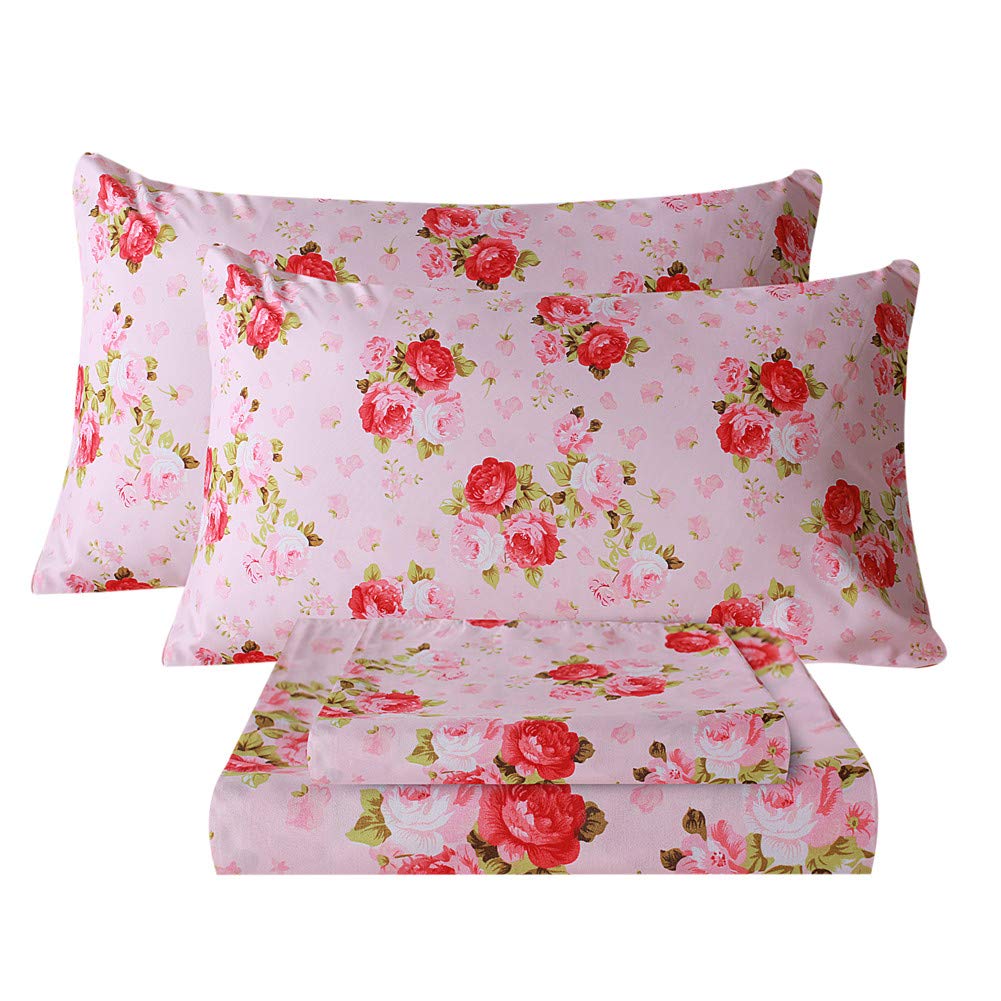 Bedlifes King Size Sheet Set - Ultra Soft & Breathable 100% Microfiber Bedding, Silky Floral Design with Deep Pockets, 4-Piece Set in Pink Rose Pattern - Perfect for Master Bedroom, Guest Room & Luxury Hotel Style Bedding