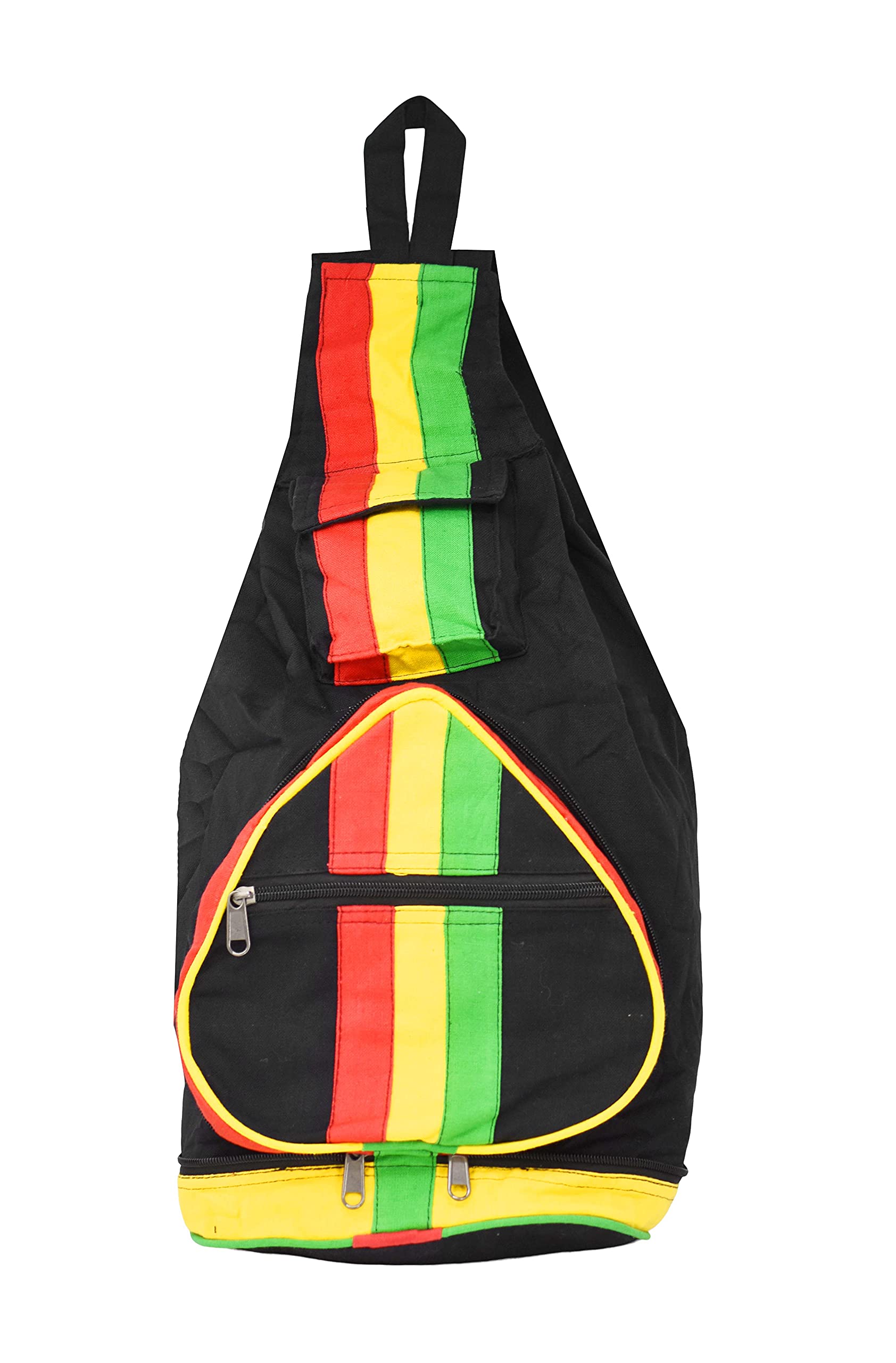 Boho Sling Bag for Women & Men - Mandala Print Hippie Shoulder Backpack - Lightweight Daypack for Travel, Festival & Casual Use (Black Rasta, 16x9x9 Inches)