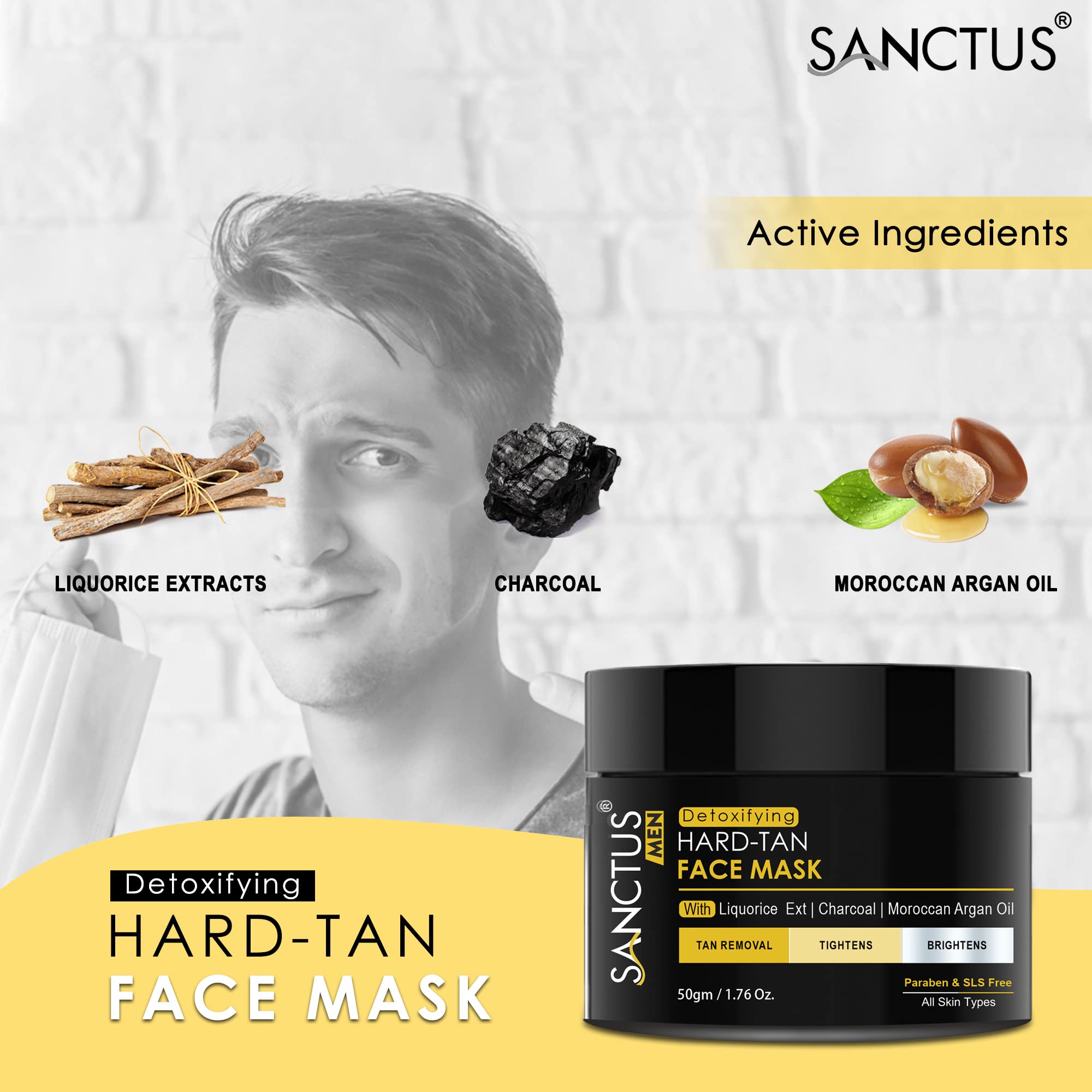 Men's Hard Tan Removal Face Mask - Fade Pigmentation & Dark Spots, Lighten Scars with Natural Extracts (Liquorice, Bamboo Charcoal, Argan Oil, Tea Tree Oil, Seabuckthorn) - 50g - Perfect for Post-Sun Care & Acne Scar Treatment