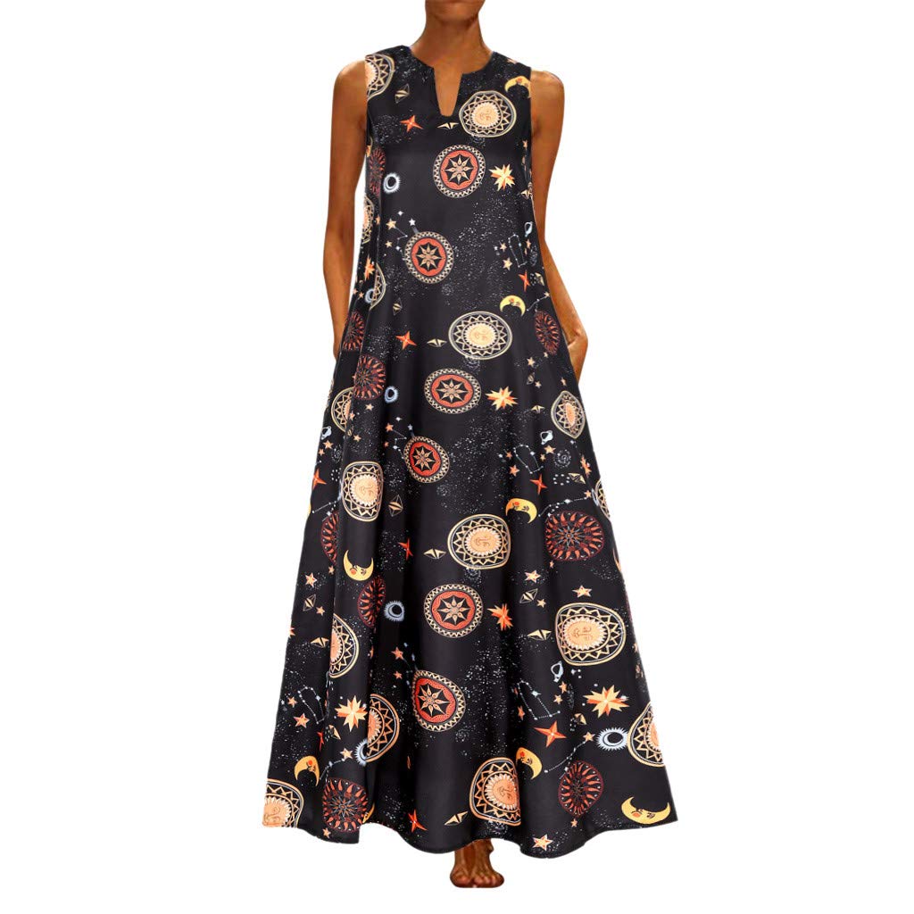 Women's Plus Size Vintage Bohemian Maxi Sundress - Sleeveless Floral Sun Moon Stars Print Summer Beach Dress for Vacation, Party & Casual Wear