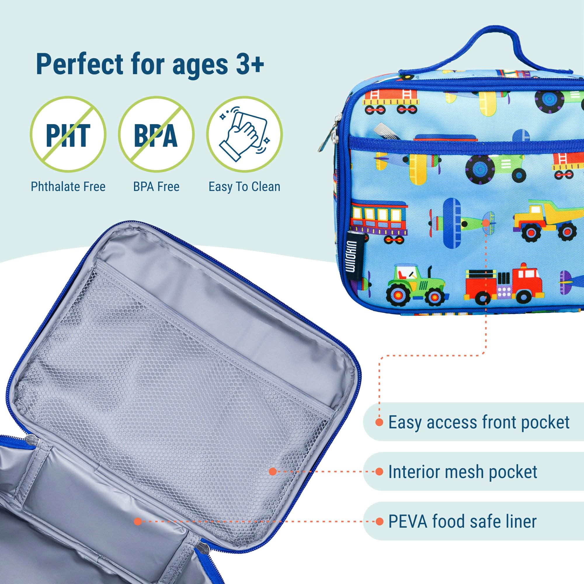 Wildkin Kids Lunch Box Bag Bundle with Bento Box - Trains, Planes, and Trucks Design | Insulated Lunch Bag for School, Picnic, and Travel | Perfect for Boys and Girls