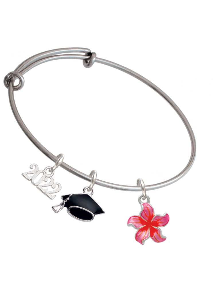 2022 Graduation Charm Bracelet - Silvertone Enamel Plumeria Flower Bangle for Women | Elegant Jewelry Gift for Graduates, Party Wear & Special Occasions