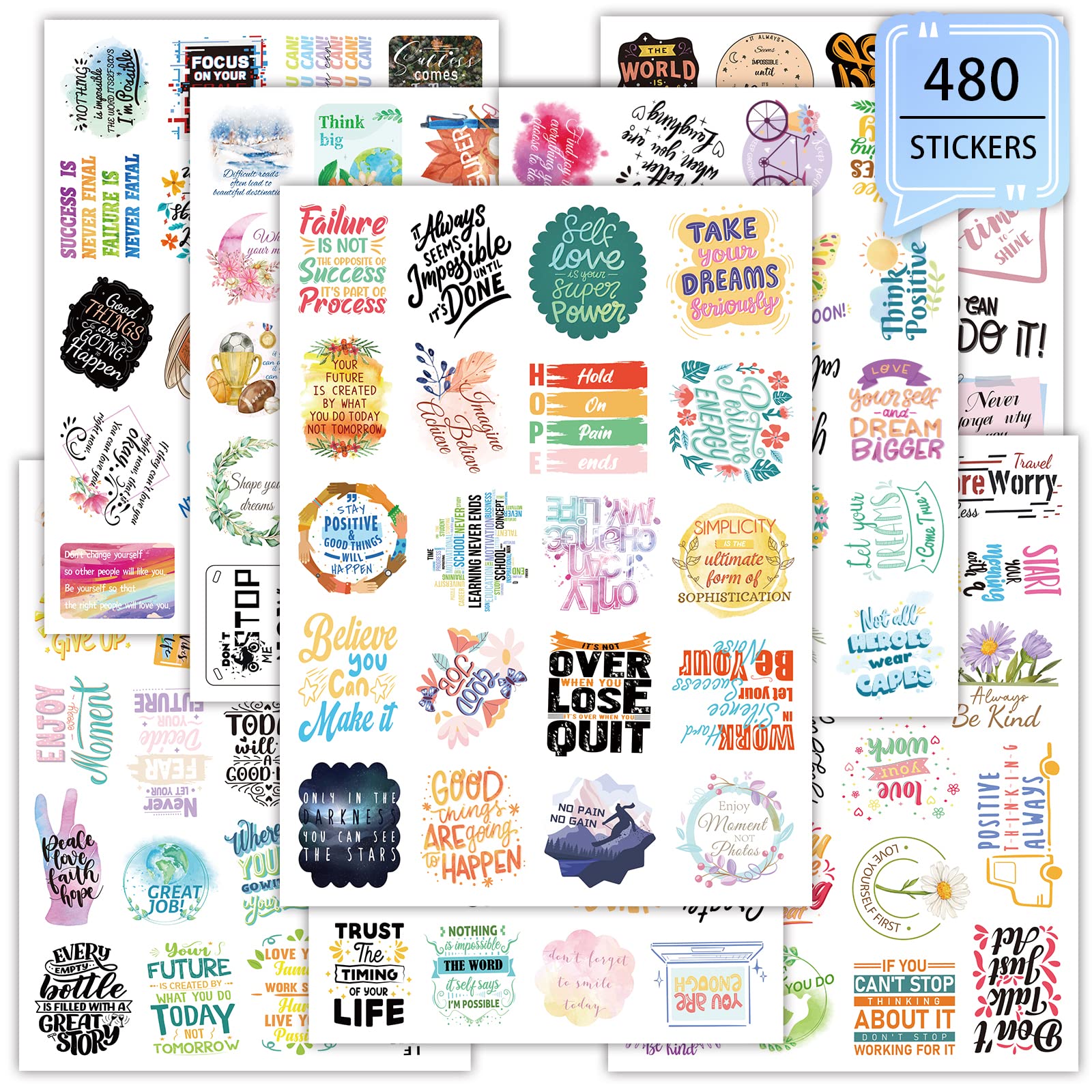 480pcs Motivational Stickers for Planners - Positive Calendar Stickers with Inspirational Words for Adults, Teens & Kids - Perfect for Water Bottles, Diaries, Albums, Letters & School Projects - Self-Care & Goal Tracking Stickers for Daily Encouragement
