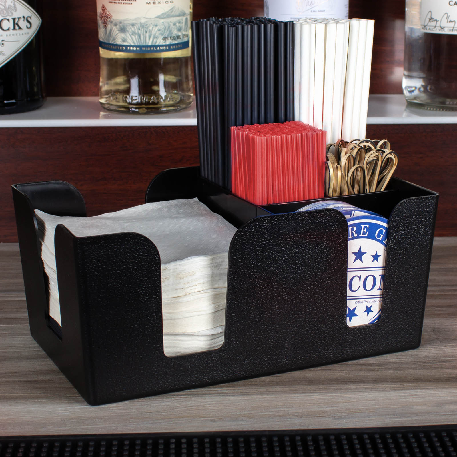 BarConic® 6 Compartment Bar Caddy - Black | Organize Bottles, Glasses & Bar Tools | Perfect for Home Bars, Parties & Restaurants