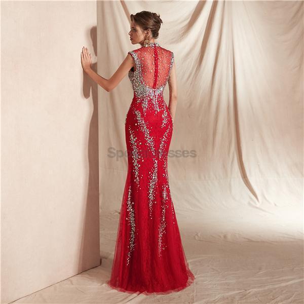 Elegant High Neck Red Beaded Mermaid Prom Dress for Evening Party & Formal Events - Perfect for Prom, Homecoming, and Special Occasions
