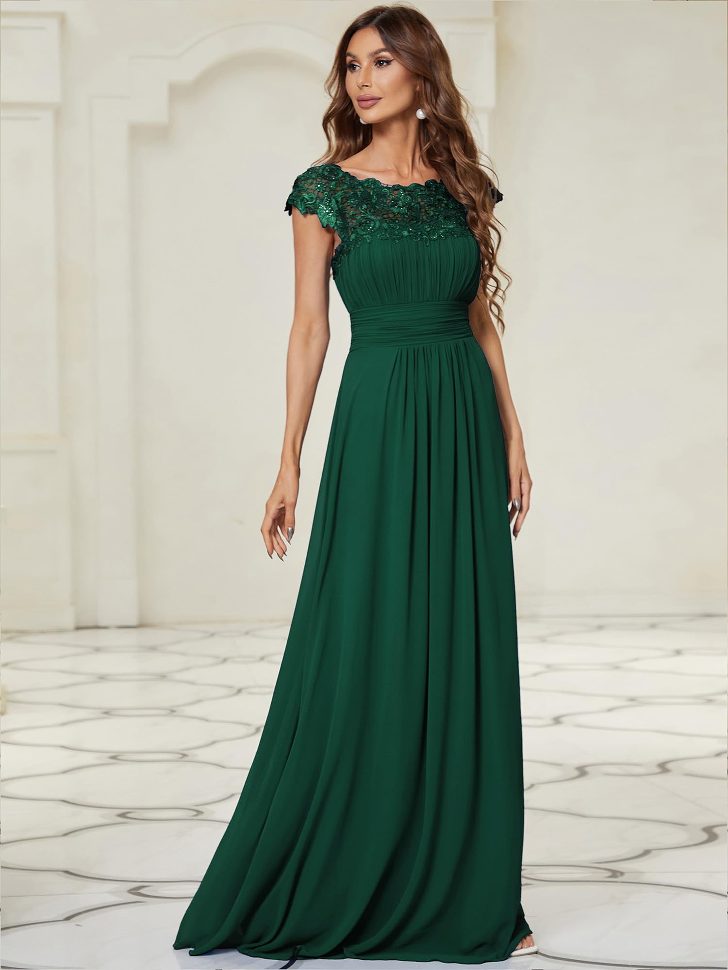 Ever-Pretty Women's Elegant Cap Sleeve Ruched Lace Chiffon Evening Gown - Formal Party Dress for Prom, Wedding, Cocktail & Special Occasions