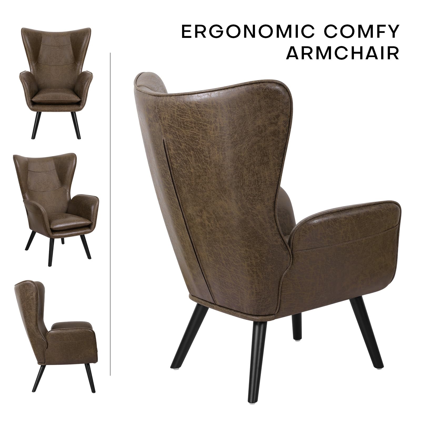 Modern Wingback Accent Chairs Set of 2 - Solid Wood Legs & Leathaire Upholstered Lounge Armchairs for Living Room, Bedroom - Rustic Brown - Perfect for Reading Nooks, Cozy Corners and Home Office Spaces