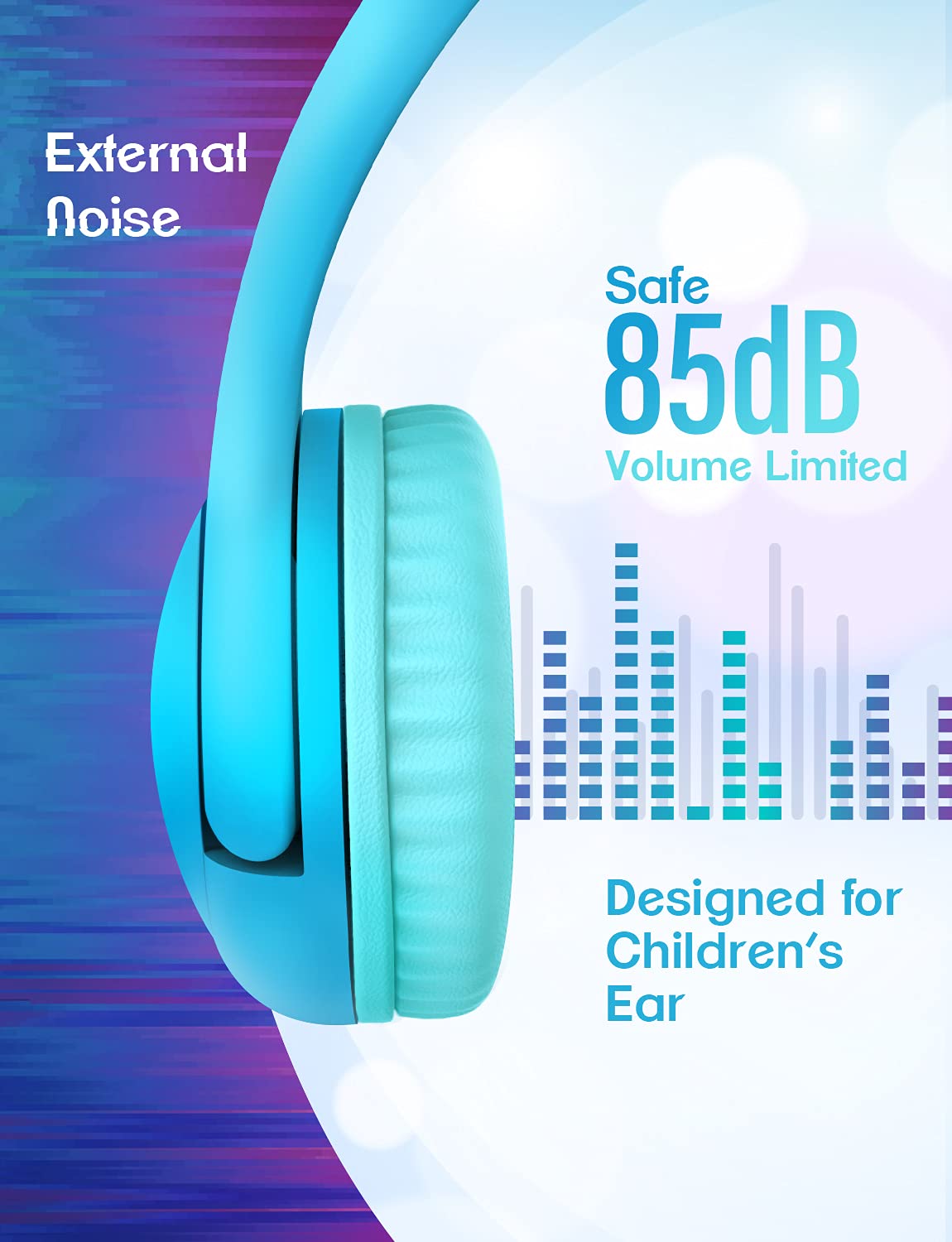 PINGKO Kids Headphones with Microphone - Cat Ear LED Light Headphones for Girls & Boys, 85dB Volume Limiting, 3.5mm Jack Stereo Earphones for iPad, School, Travel, Music Sharing - Perfect for Learning, Gaming & Entertainment (Blue)